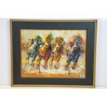 R Sanford, racehorses, oil on board, signed lower right, 42 x 57cm, framed and glazed