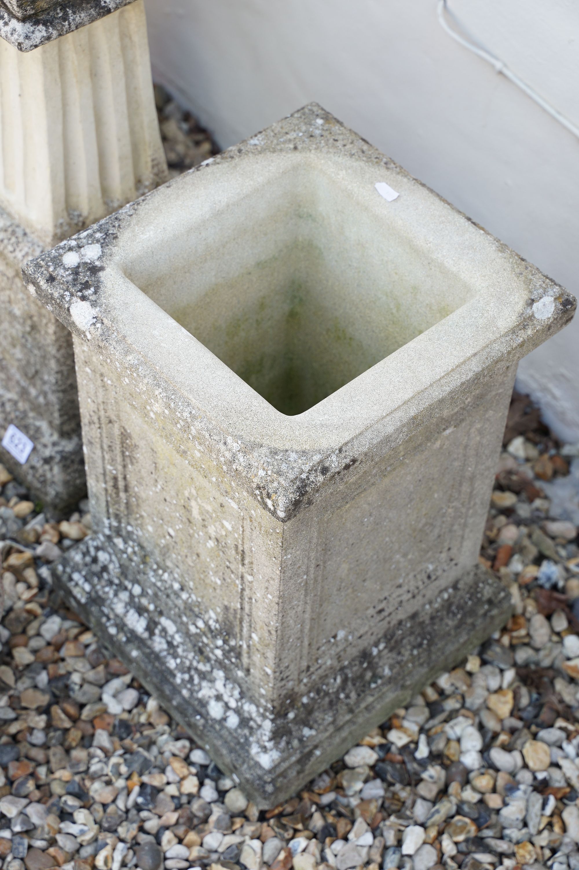 Reconstituted stone bird bath of square form, raised on a column support, measures approx 71cm high, - Image 6 of 7