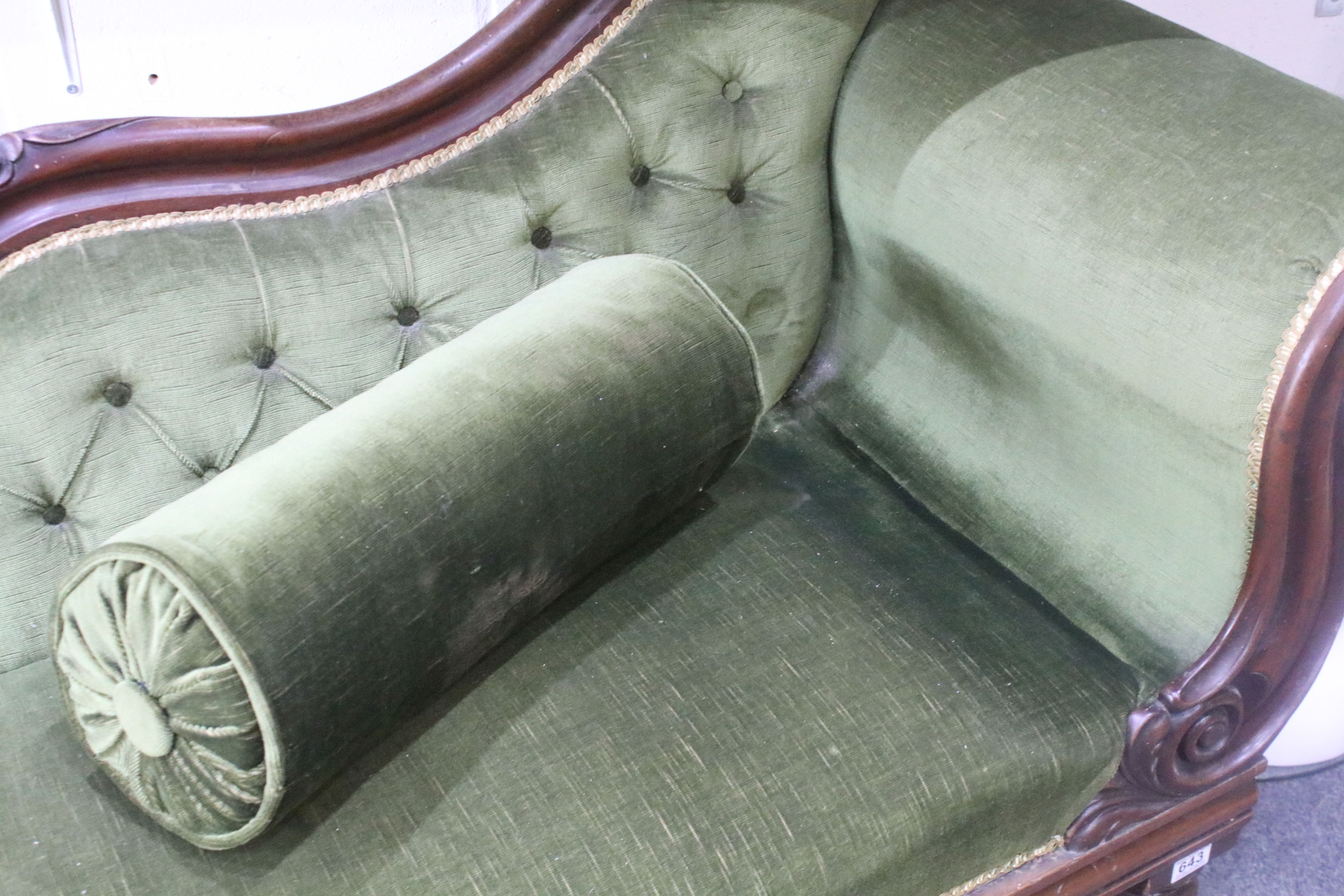 Victorian mahogany framed chaise longue of scrolled form with green upholstery, approx 175cm wide - Image 5 of 6