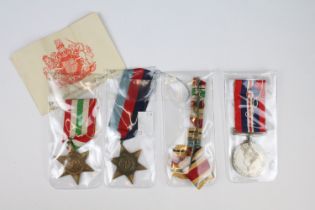 Group of 4 WW2 medals including top of postage box and certificates