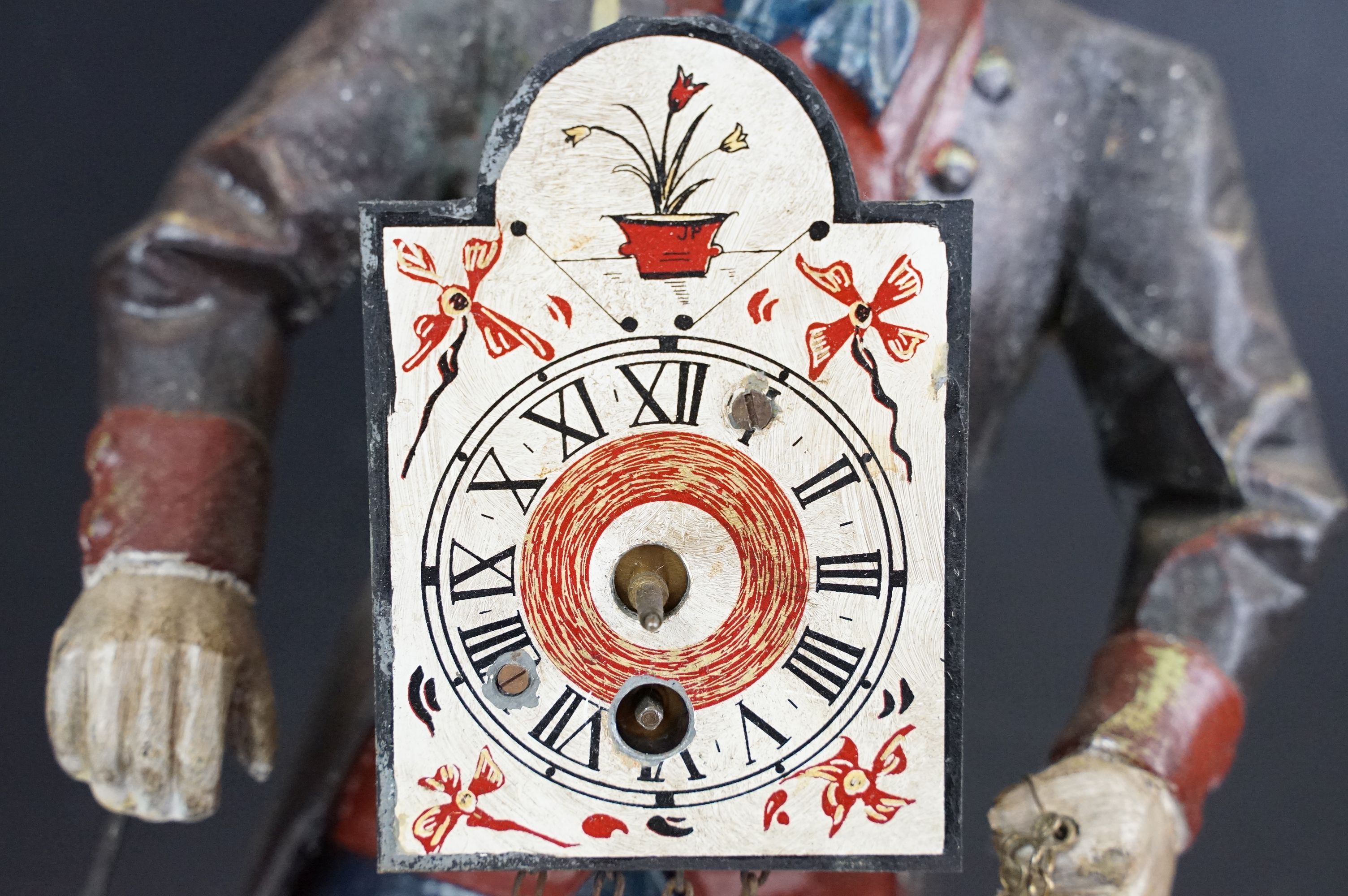 Dutch painted cast metal novelty clock in the form of a clock peddler, approx 38cm high - Image 4 of 10