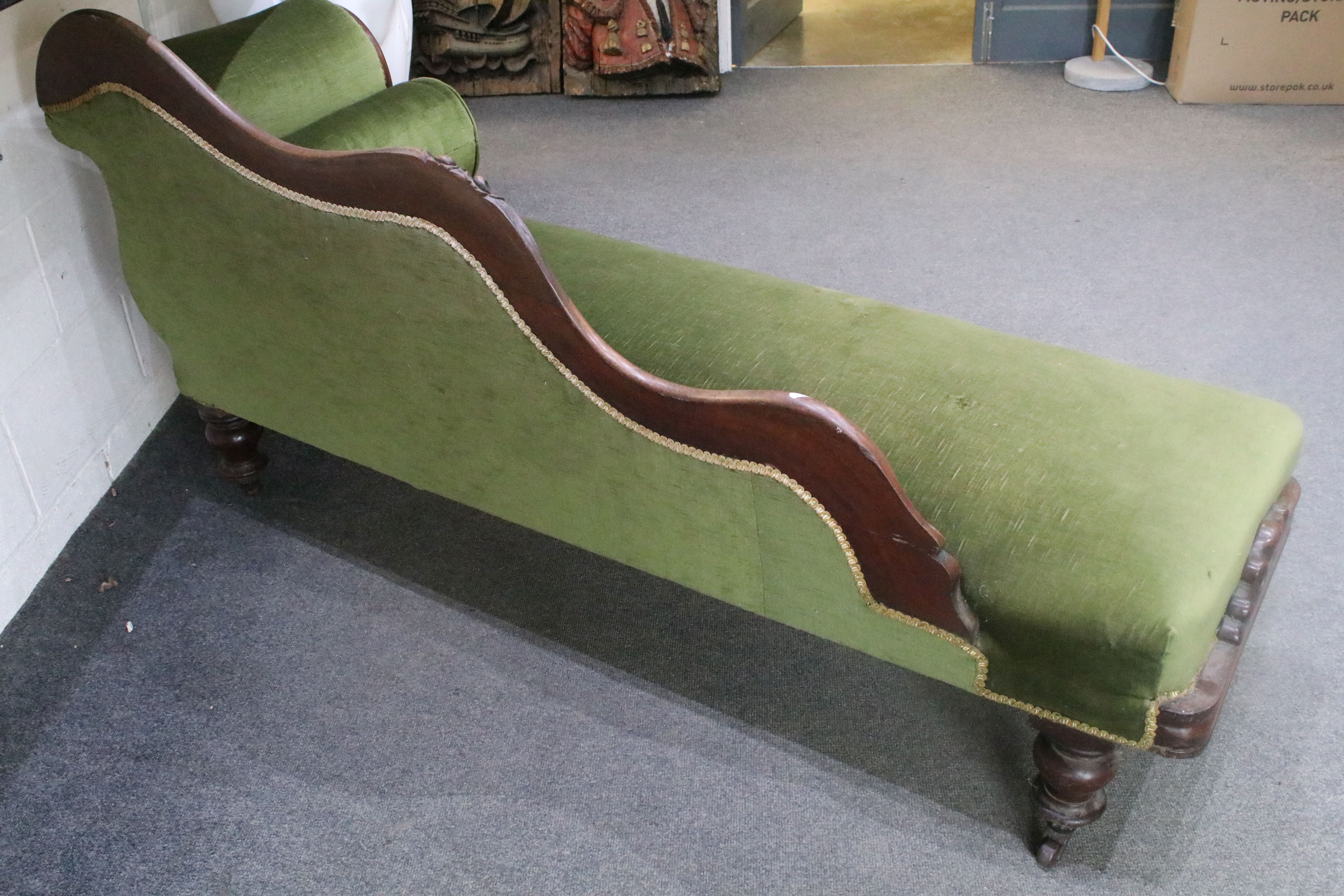 Victorian mahogany framed chaise longue of scrolled form with green upholstery, approx 175cm wide - Image 6 of 6