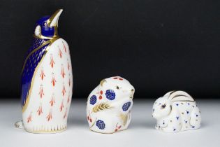 Three Royal Crown Derby paperweights to include Penguin, Harvest Mouse & Baby Rabbit. Tallest approx