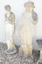 Two reconstituted stone garden statues to include a cavalier and a classical maiden, tallest