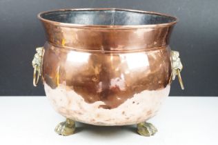Large Antique Copper Cauldron type Planter or Jardiniere, with rolled rim and brass Lion Mask ring