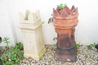 Terracotta chimney pot of cylindrical form (approx 78cm high, a/f), together with a further
