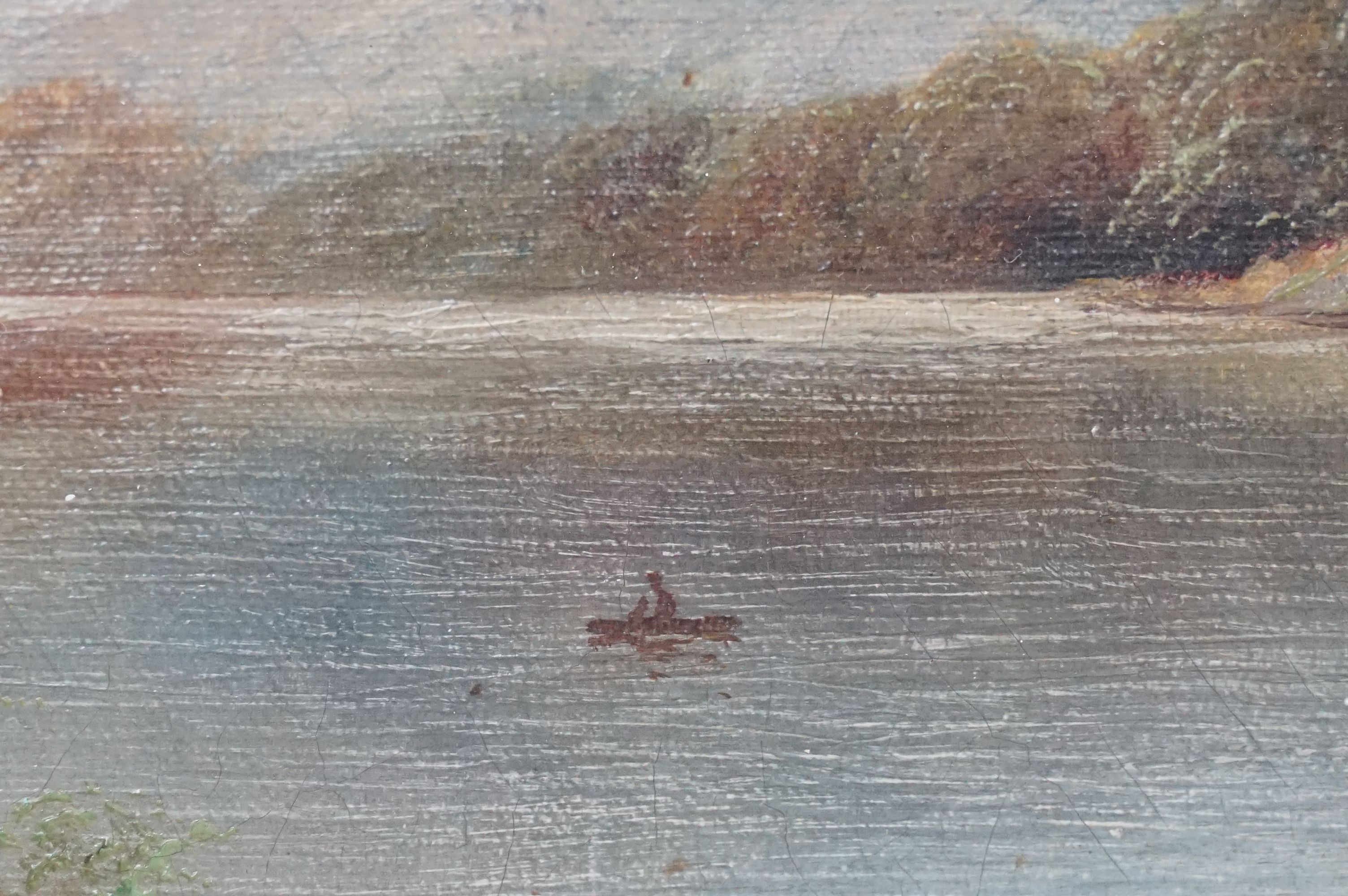 Swept gilt framed 19th century oil on canvas, Highland Loch View with figure and man in a boat, - Image 7 of 10