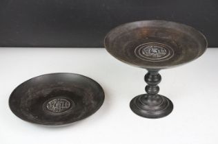 Chinese bronze tazza / footed dish with coin decoration to centre, together with a matching circular