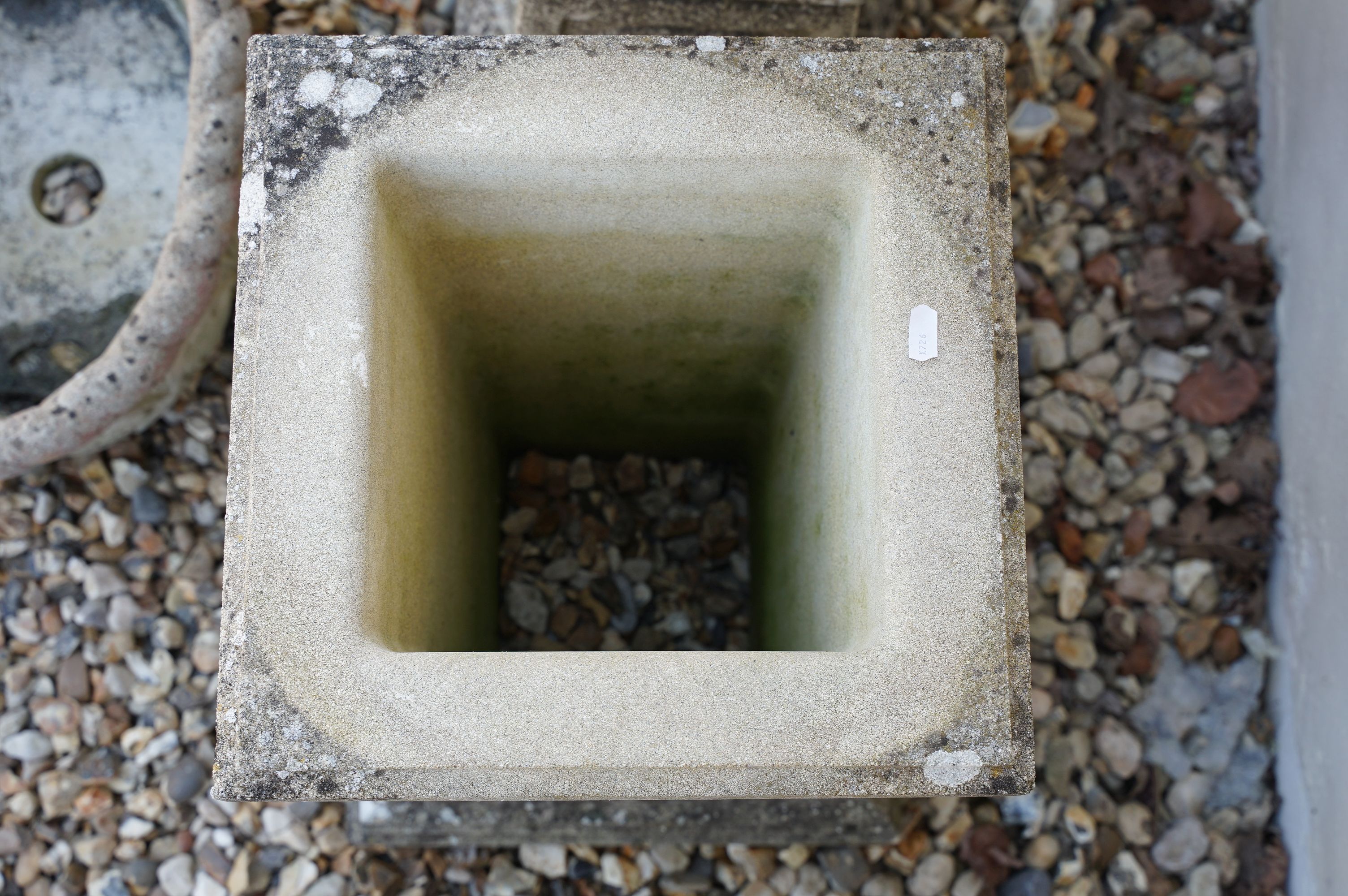 Reconstituted stone bird bath of square form, raised on a column support, measures approx 71cm high, - Image 7 of 7