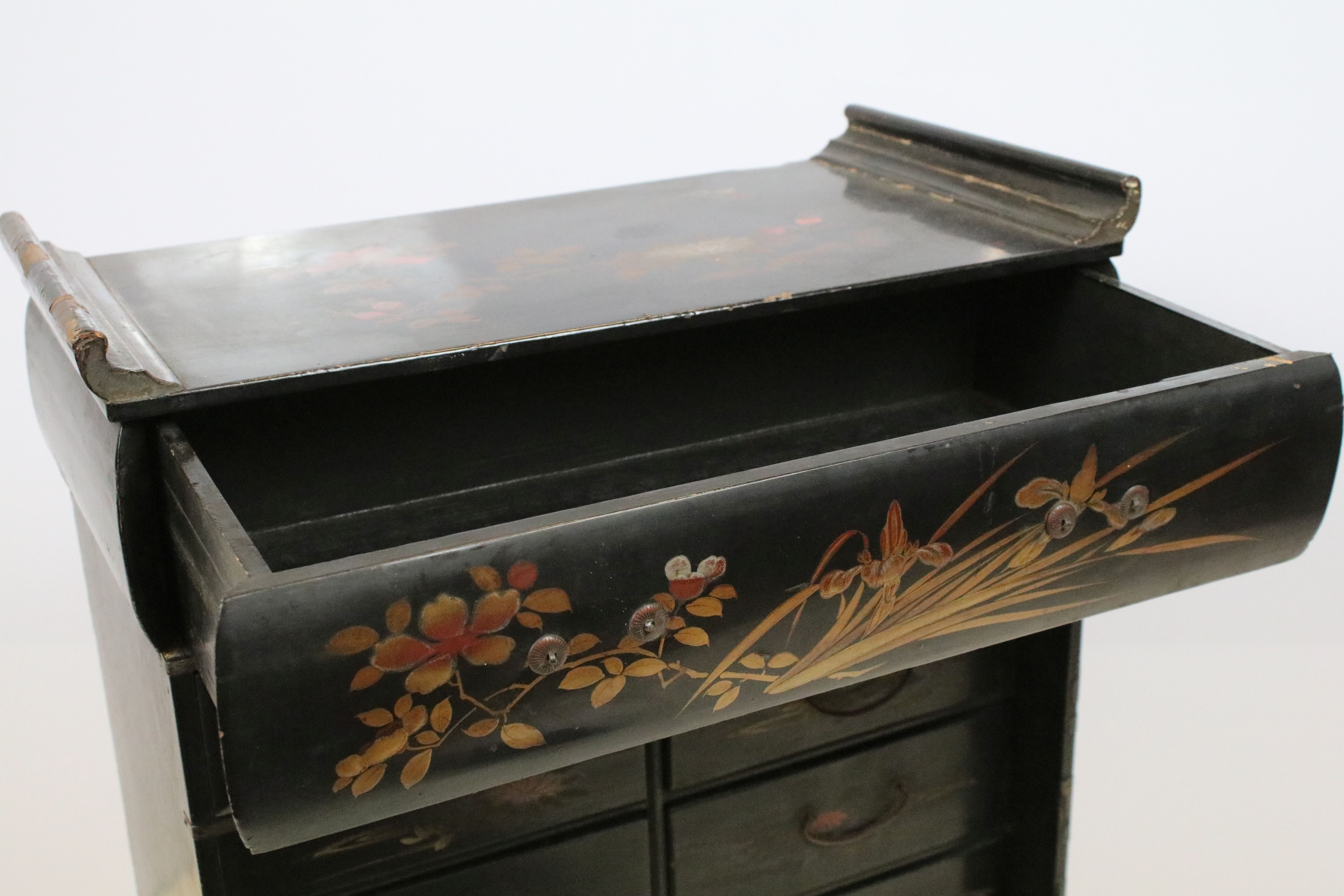 Oriental lacquered cabinet, the japanned surface painted with flowers and branches, with an - Image 7 of 7