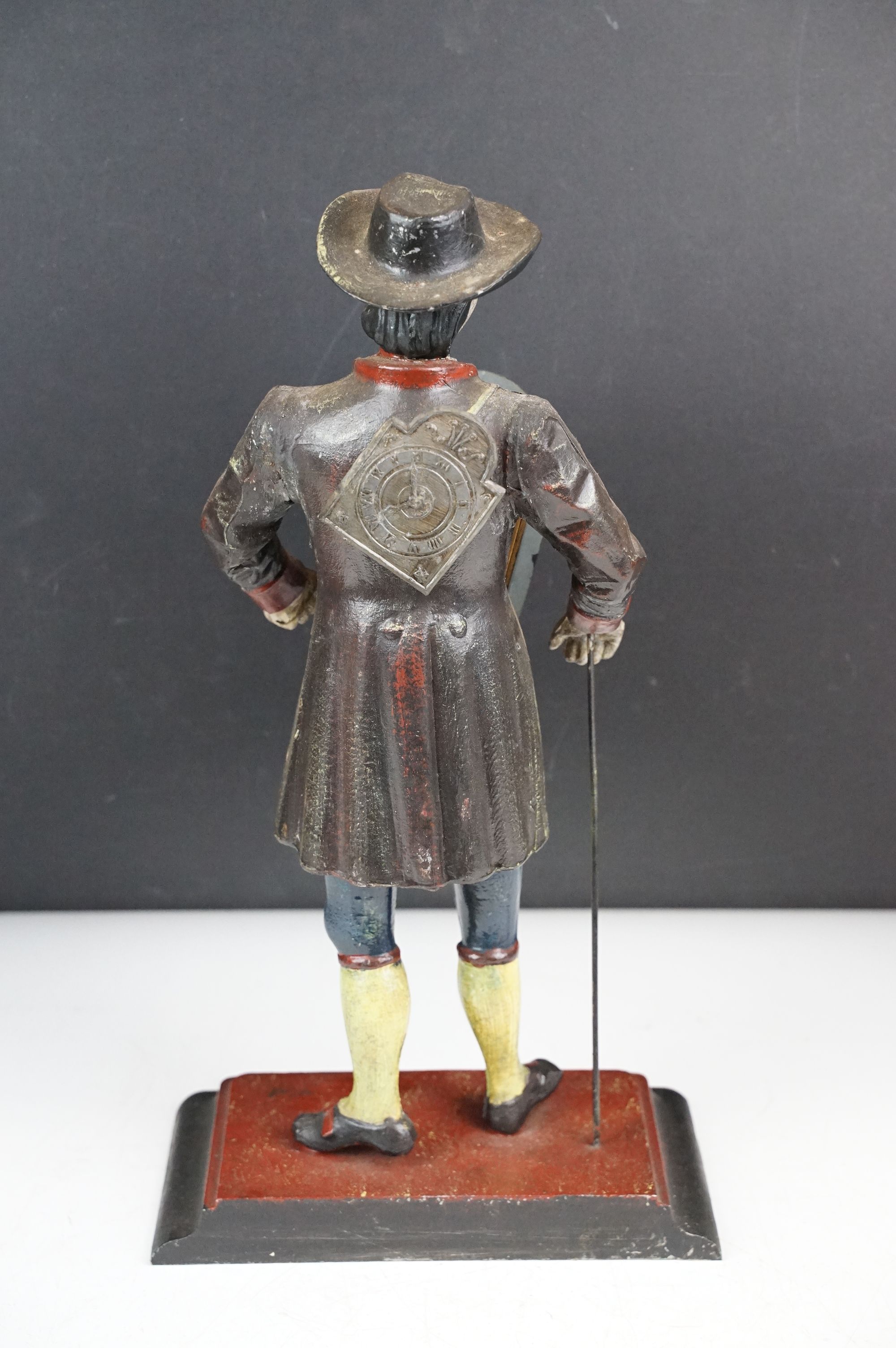 Dutch painted cast metal novelty clock in the form of a clock peddler, approx 38cm high - Image 6 of 10