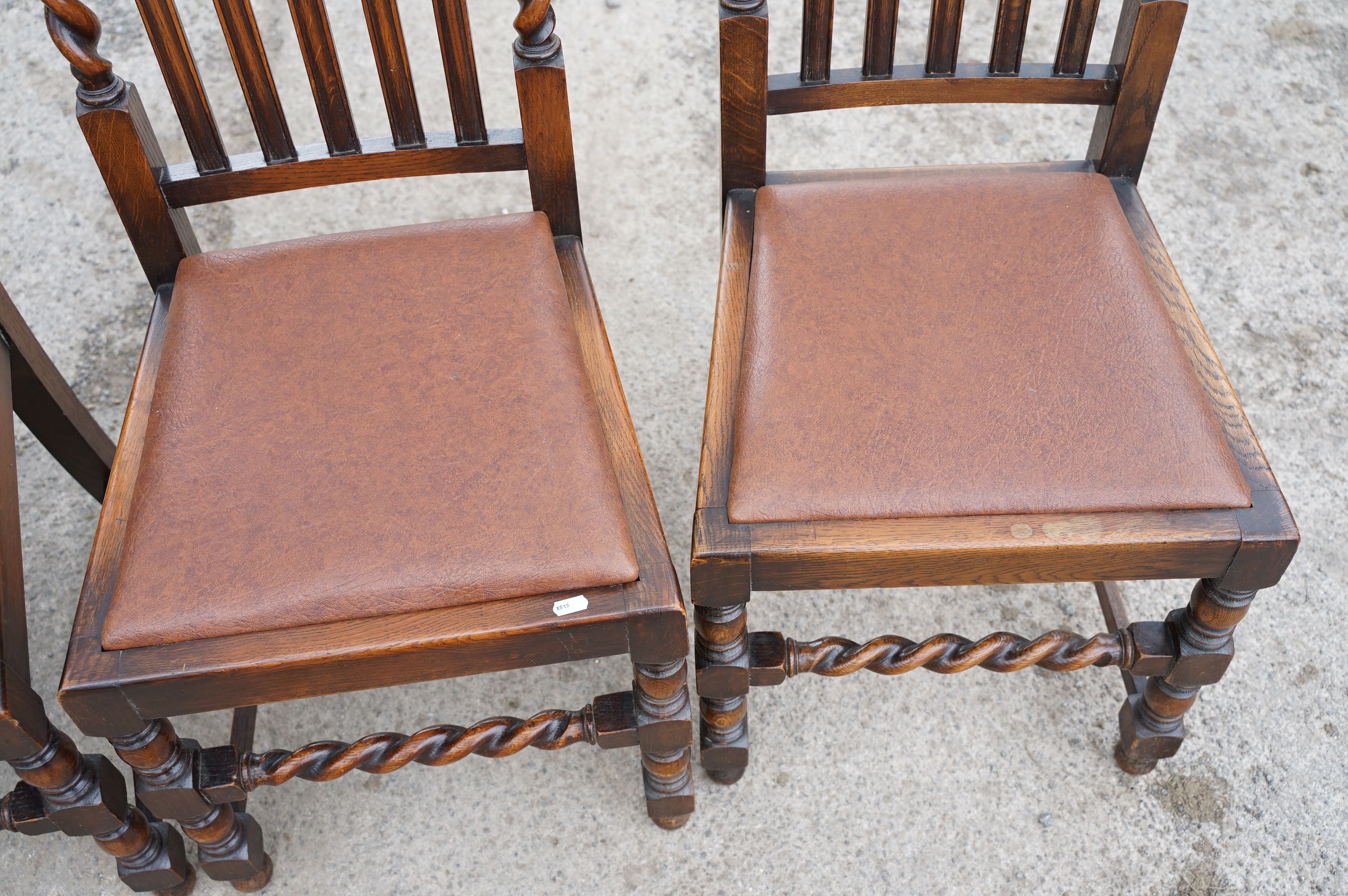 Set of four oak dining chairs with barley twist supports and carved crown details to backs, with - Image 4 of 9