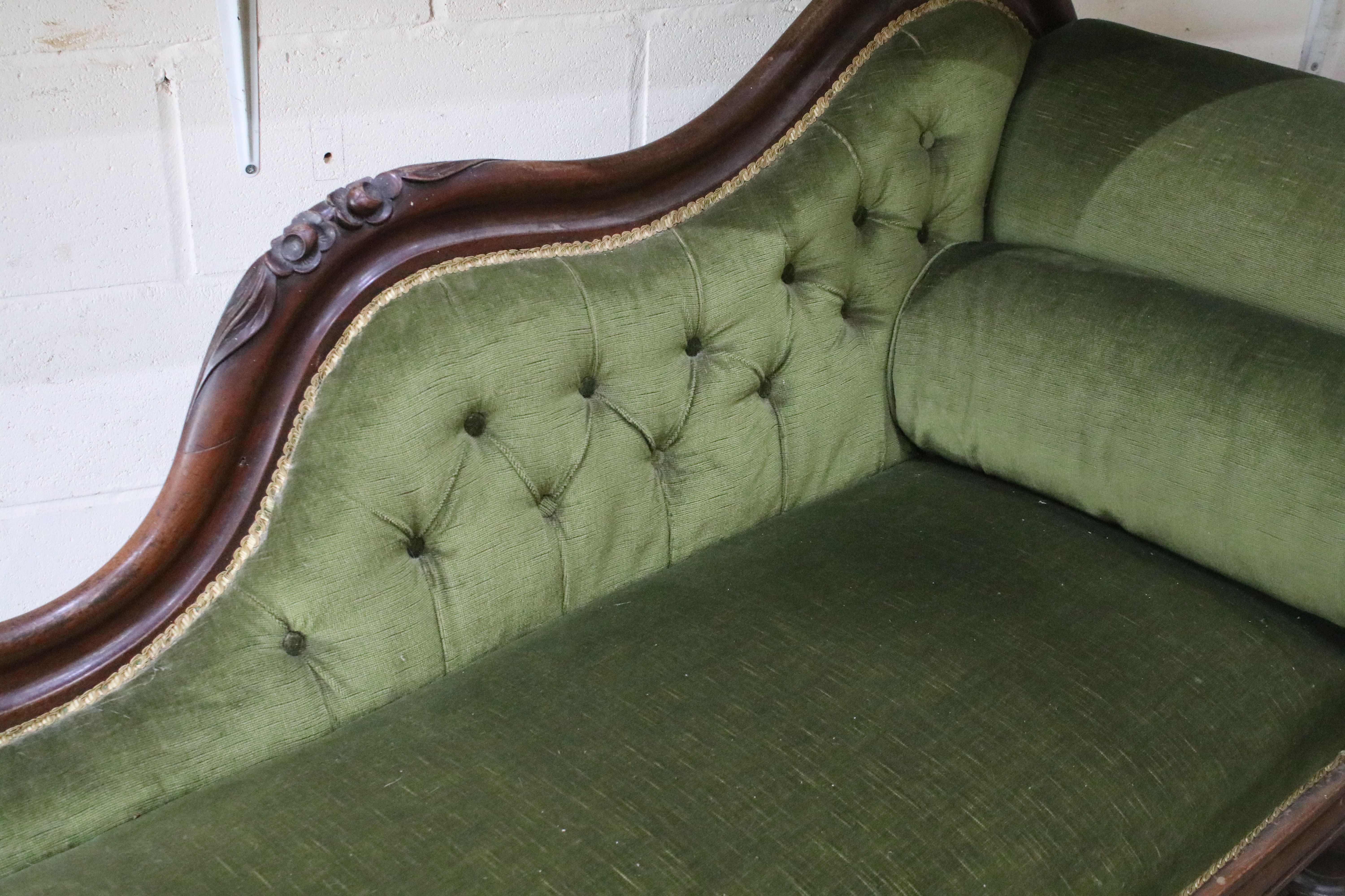 Victorian mahogany framed chaise longue of scrolled form with green upholstery, approx 175cm wide - Image 4 of 6