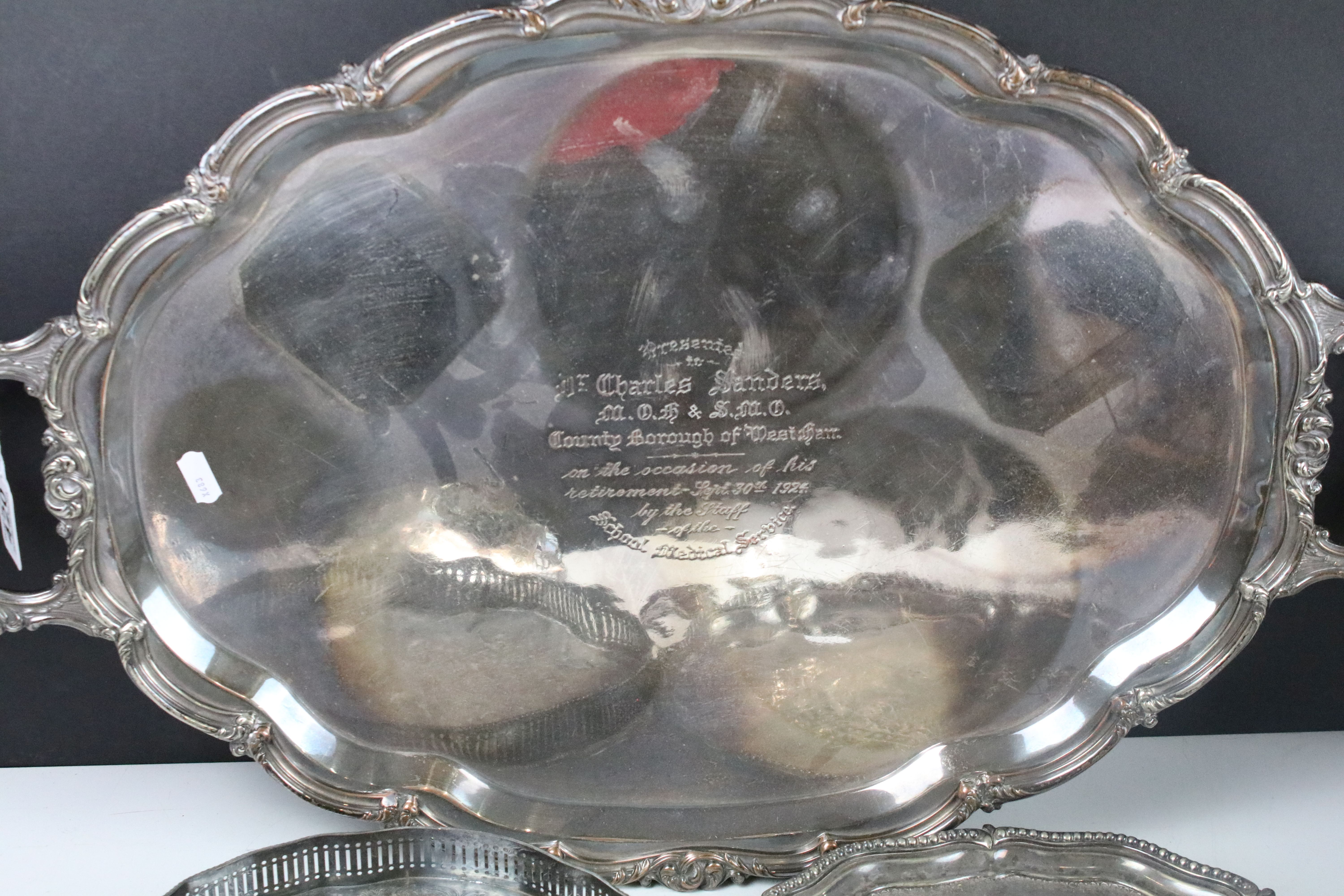 Large early 20th century silver plated serving tray with cast decoration to border (approx 70cm - Image 6 of 6