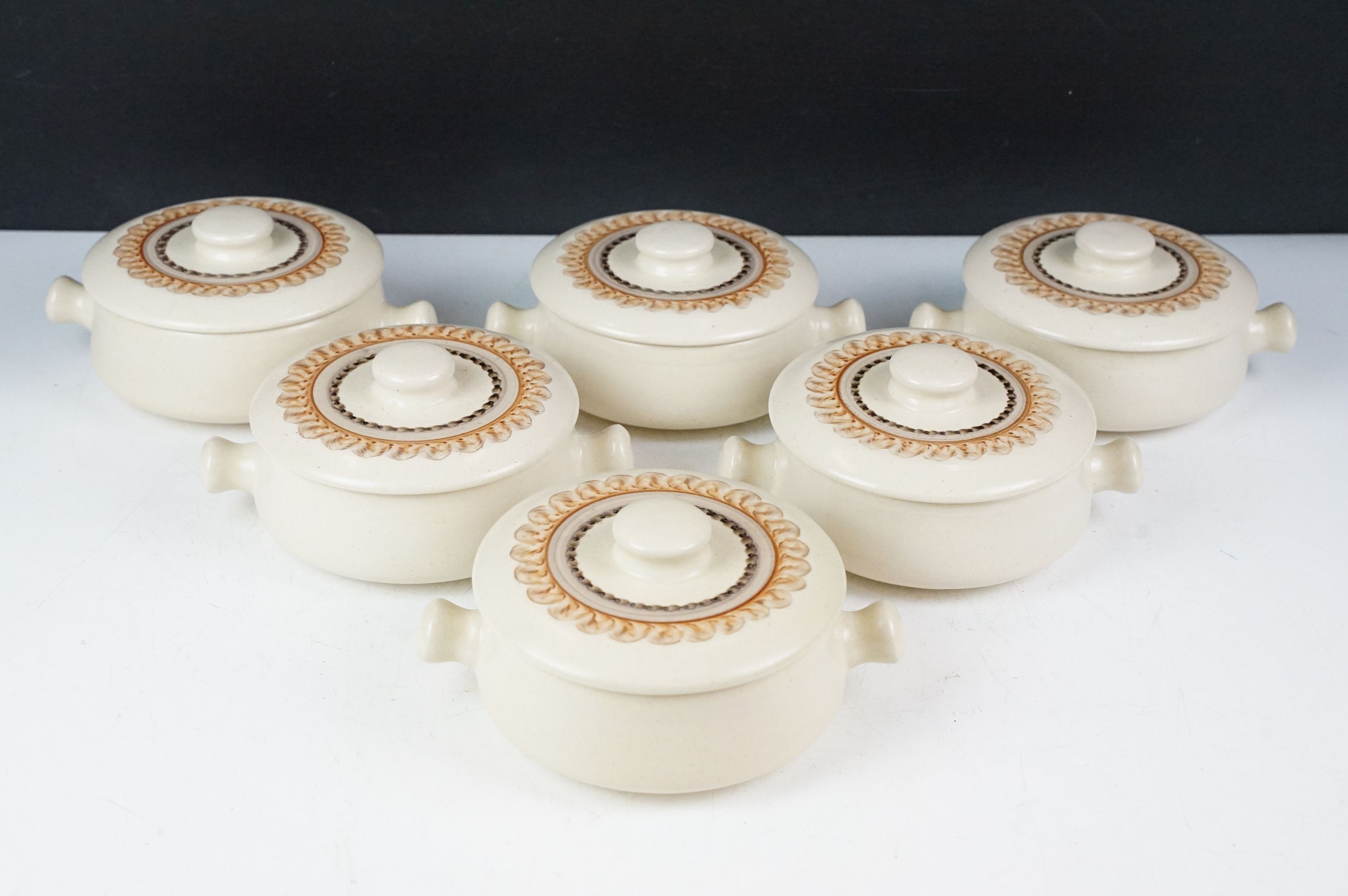 Set of six Joba Stamford pottery twin-handled soup bowls & covers, circa 1970's