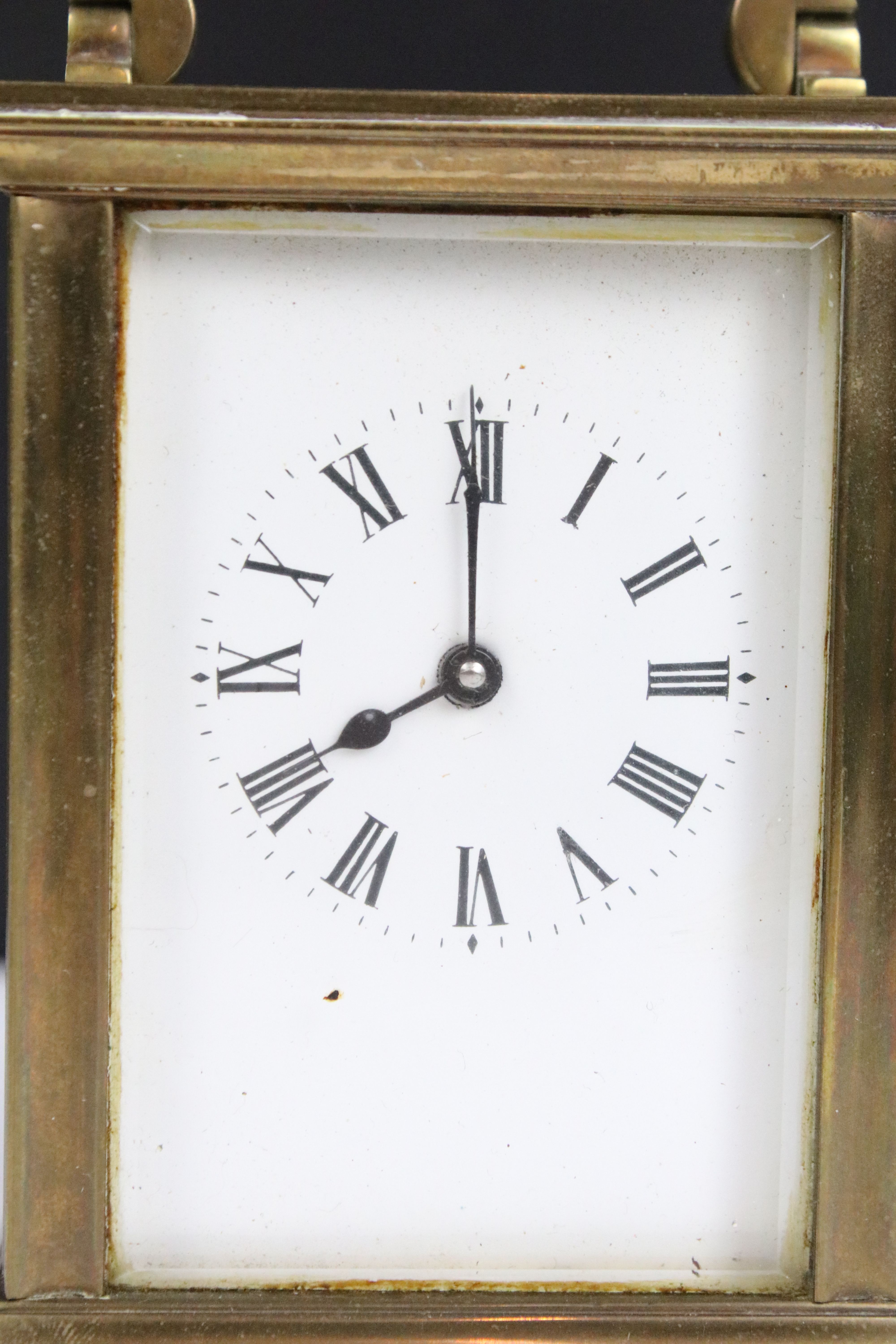 Two vintage brass cased carriage clocks with beveled glass panels and white enamel dials. - Image 6 of 8