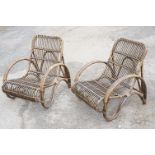 Pair of wicker low conservatory chairs, each raised on four supports, approx 82cm high