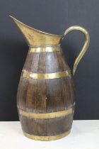 Large Victorian coopered oak cider jug with brass handle, approx 59cm tall