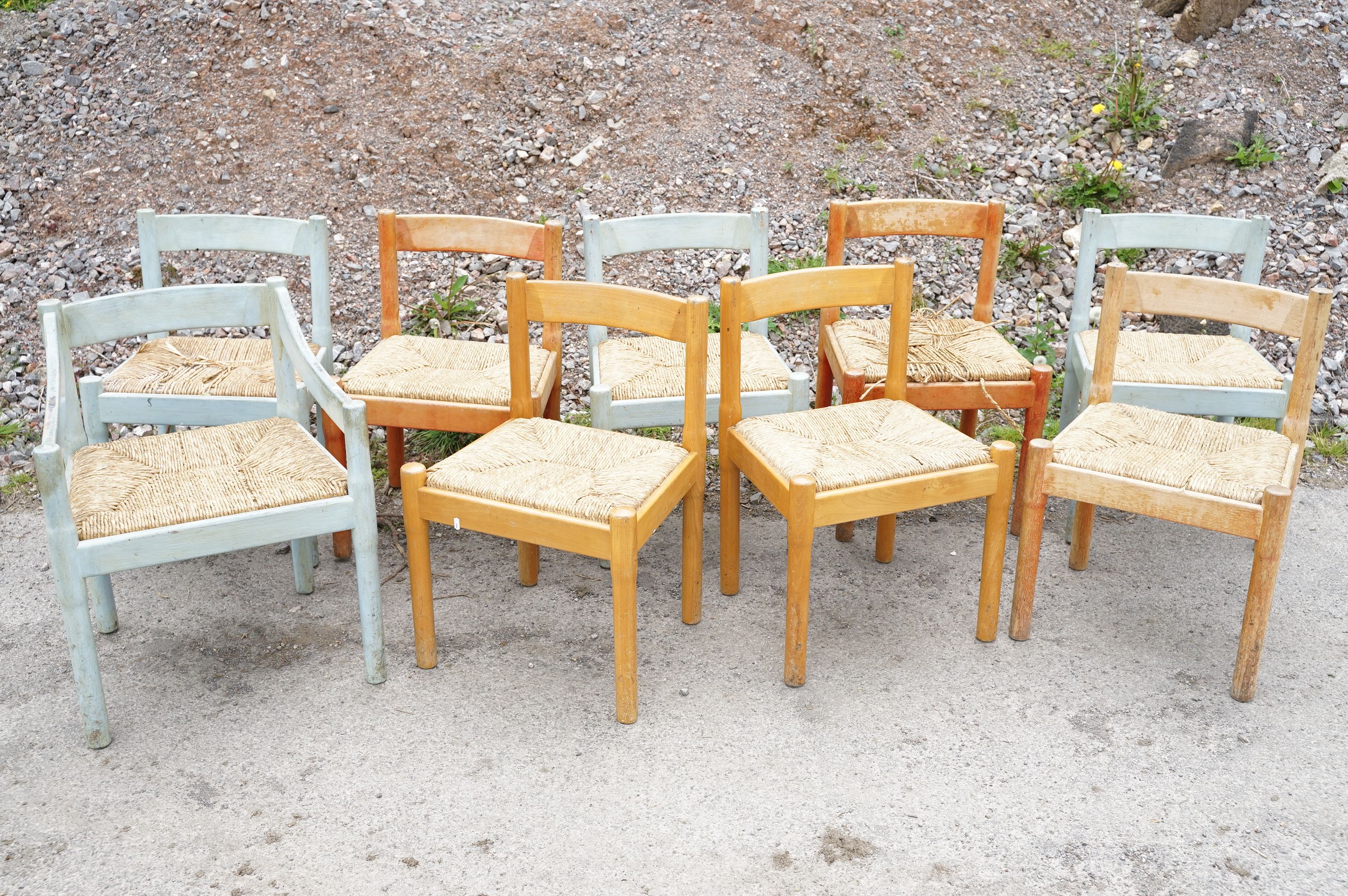 Set of nine Vico Magistretti Carimate wooden chairs with rush seats and curved backs,
