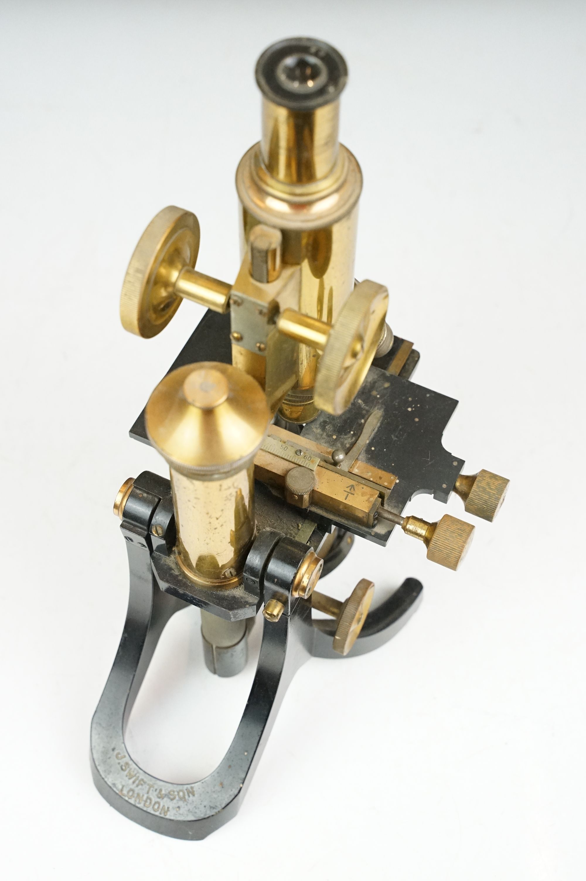 J. Swift & Son of London brass lacquered microscope, housed within a wooden carry case (missing - Image 3 of 11