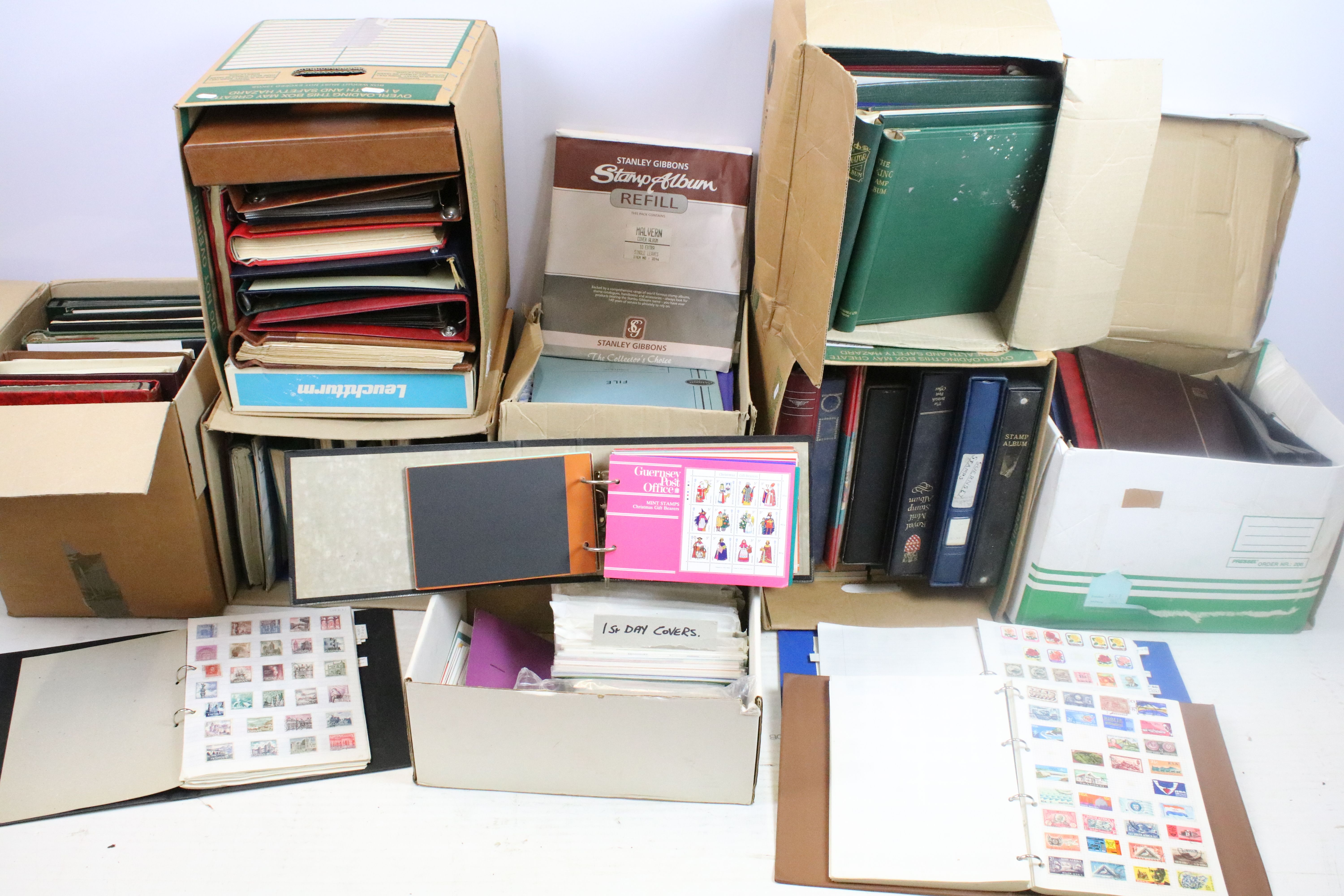 Extensive collection of stamps and stamp collecting supplies housed within nine boxes, the lot to