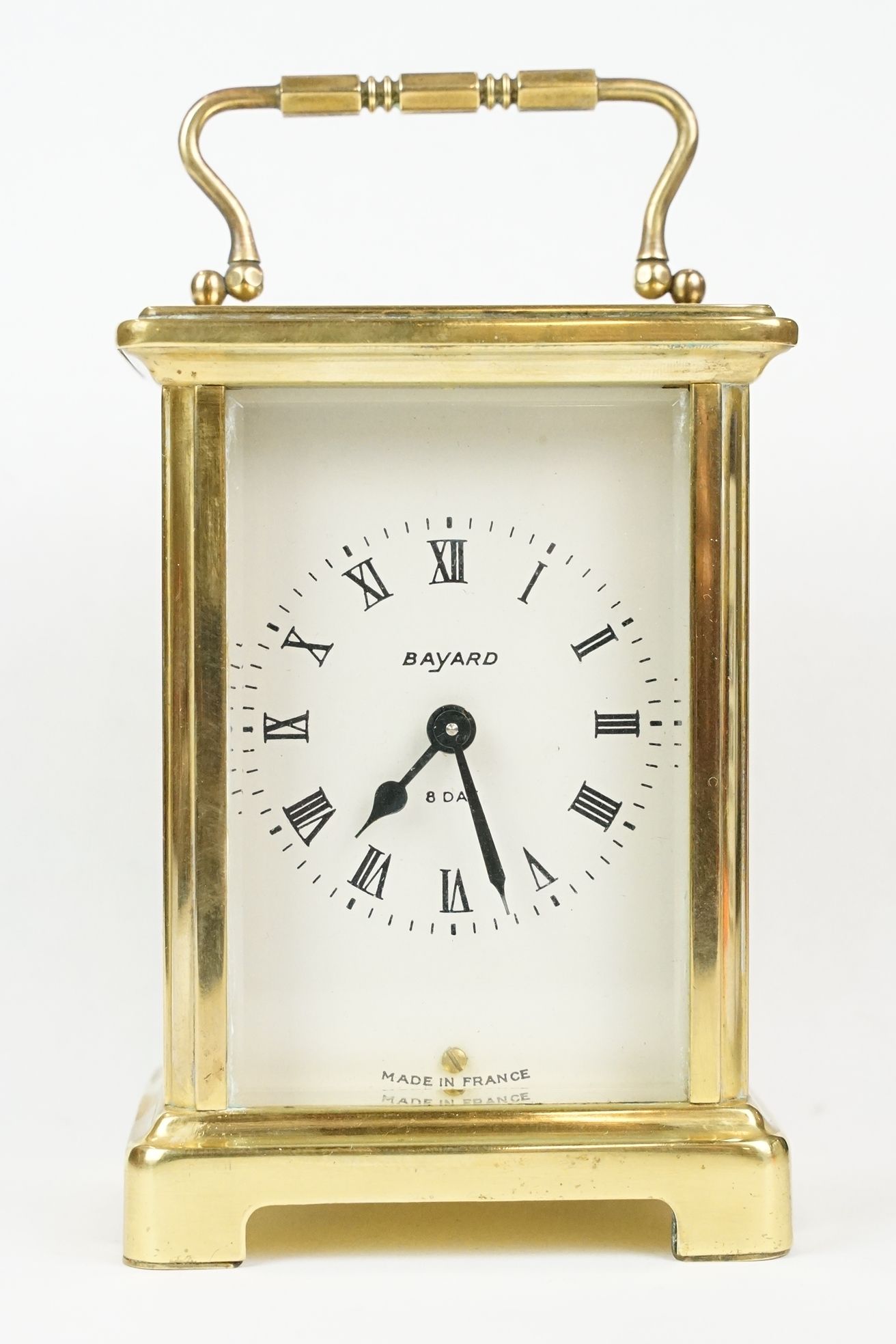 French ' Bayard ' 8 Day Carriage Clock in gilt metal case with three bevelled glass panels, 15cm