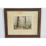 19th century watercolour, country girls in a conversation in woodland clearing, 21.5 x 29cm,