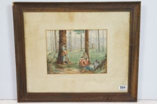 19th century watercolour, country girls in a conversation in woodland clearing, 21.5 x 29cm,