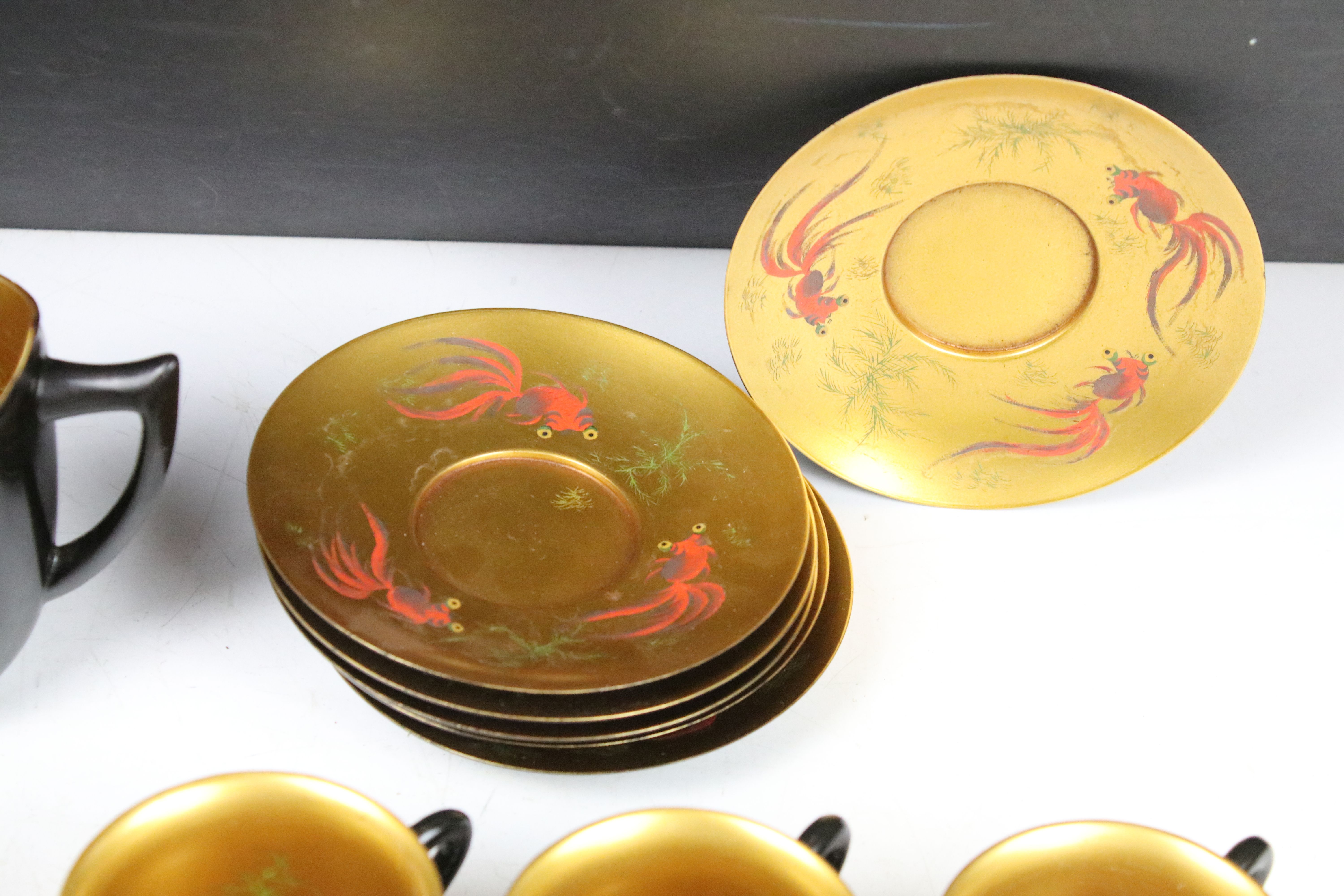 Chinese ' Shin Shao An Loong Kee ' Black Lacquer Coffee Set, all pieces with gilt interiors - Image 3 of 6