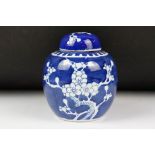 Chinese ginger jar and cover, the blue ground with white prunus branches, 15cm high
