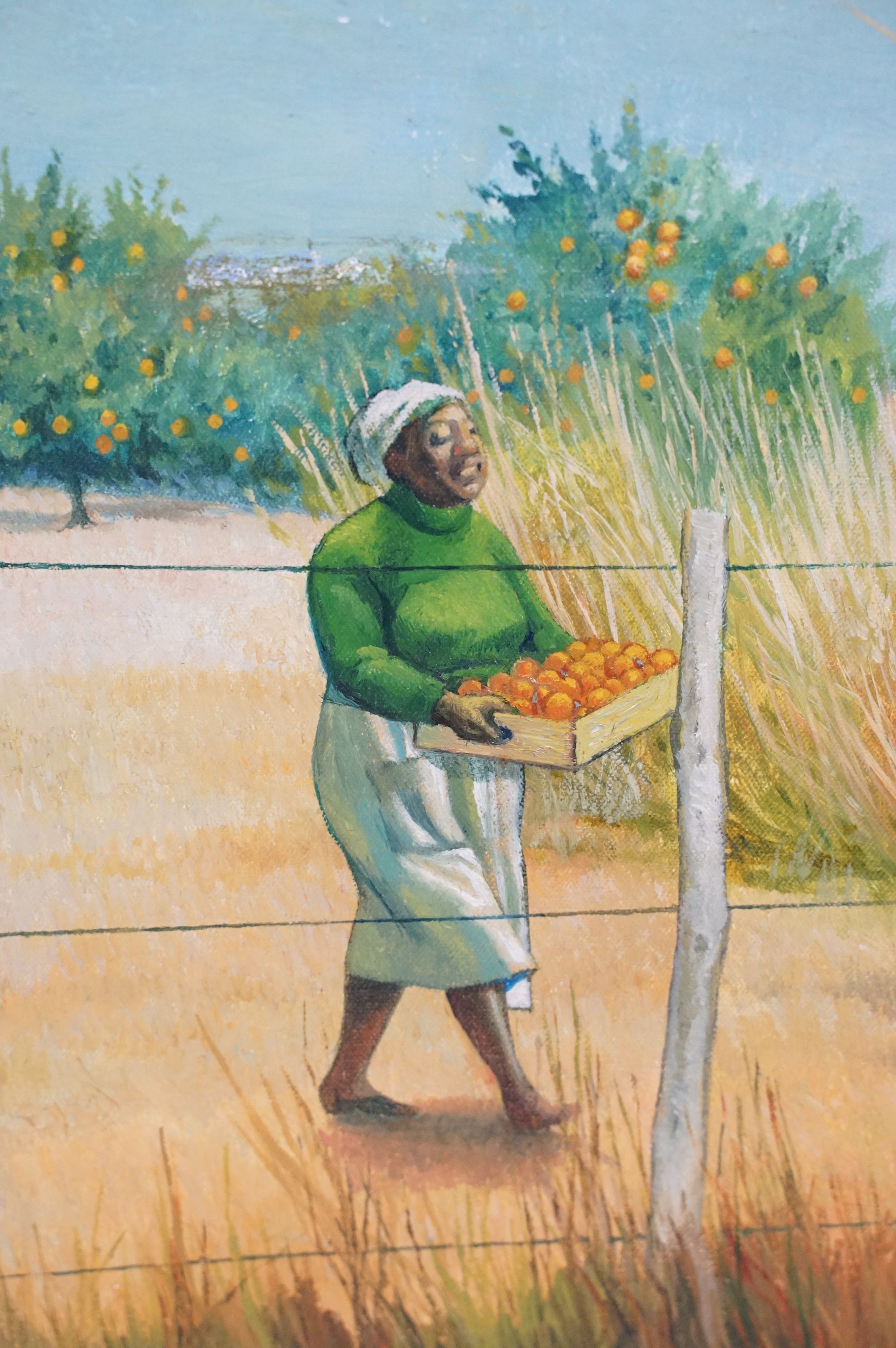Oil on canvas, a large framed landscape African scene with woman carry box of fruit besides ' - Image 3 of 9