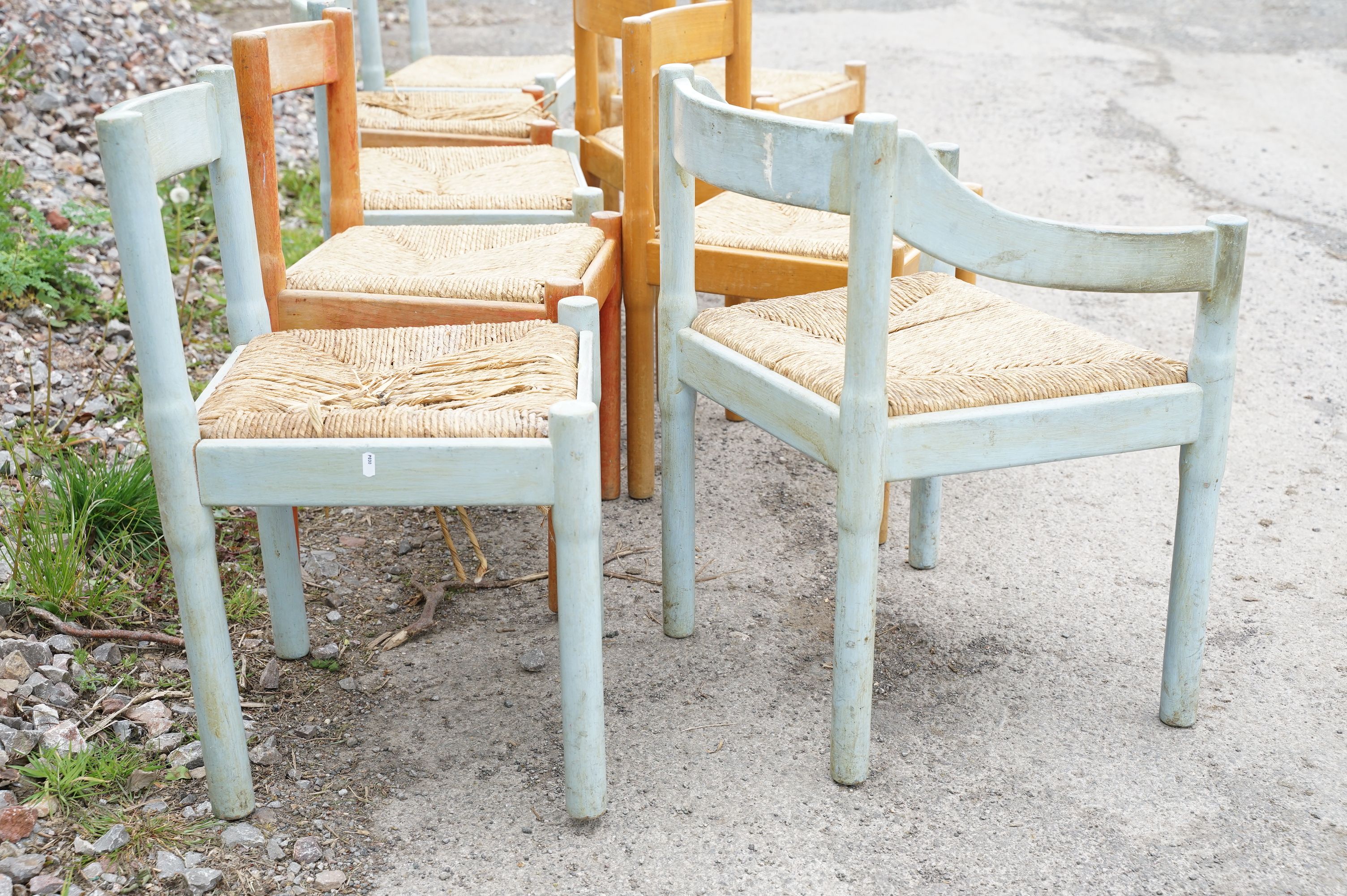 Set of nine Vico Magistretti Carimate wooden chairs with rush seats and curved backs, - Image 7 of 8