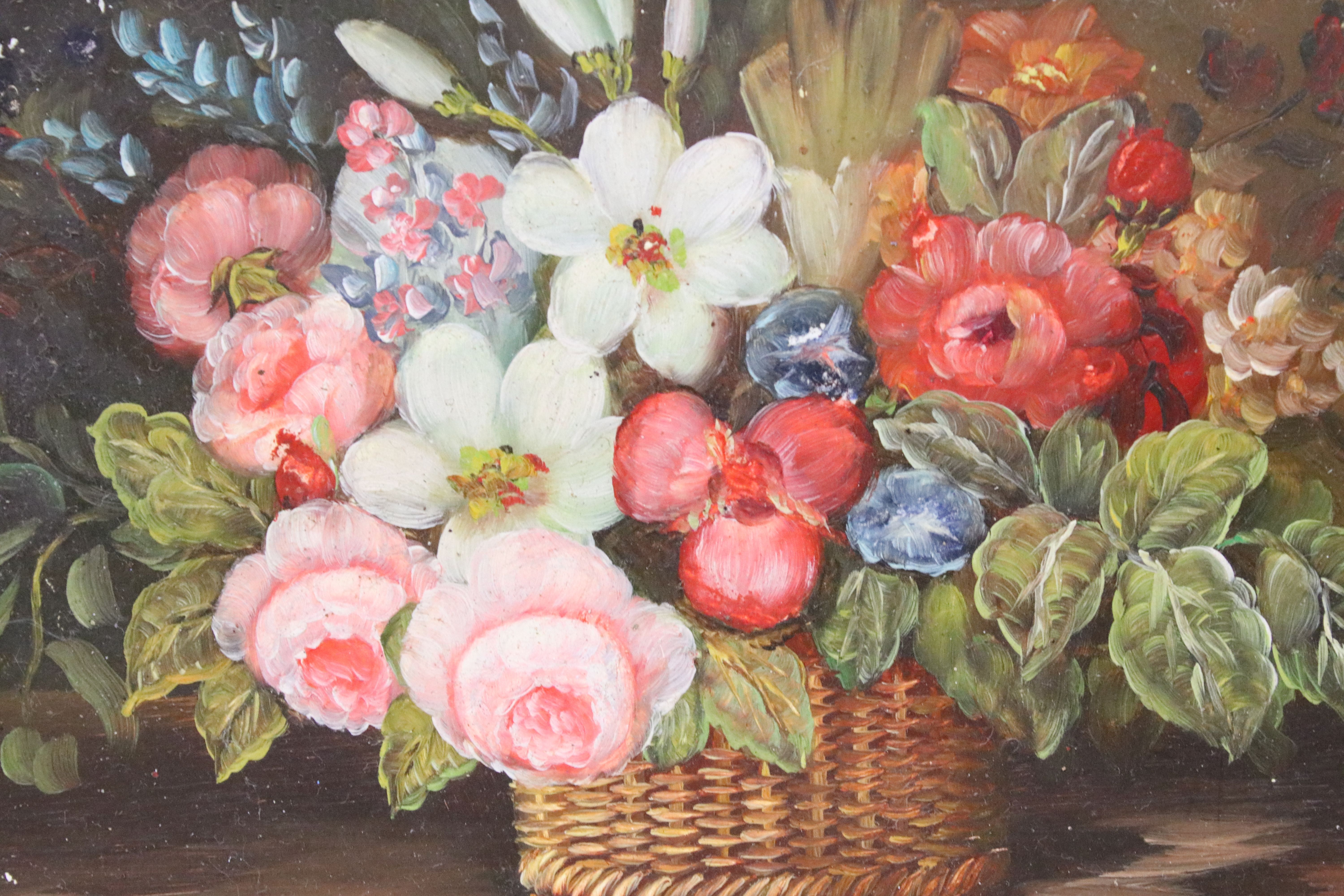 In the manner of Johan Laurentz Jensen, three paintings, comprising: basket of flowers, oil on - Image 3 of 5