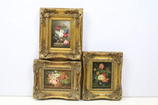 In the manner of Johan Laurentz Jensen, three paintings, comprising: basket of flowers, oil on