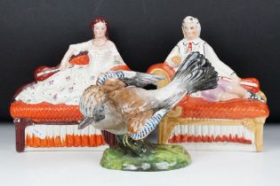 Crown Staffordshire, J T Jones model of a jay, 16.5cm high together with a pair of Staffordshire