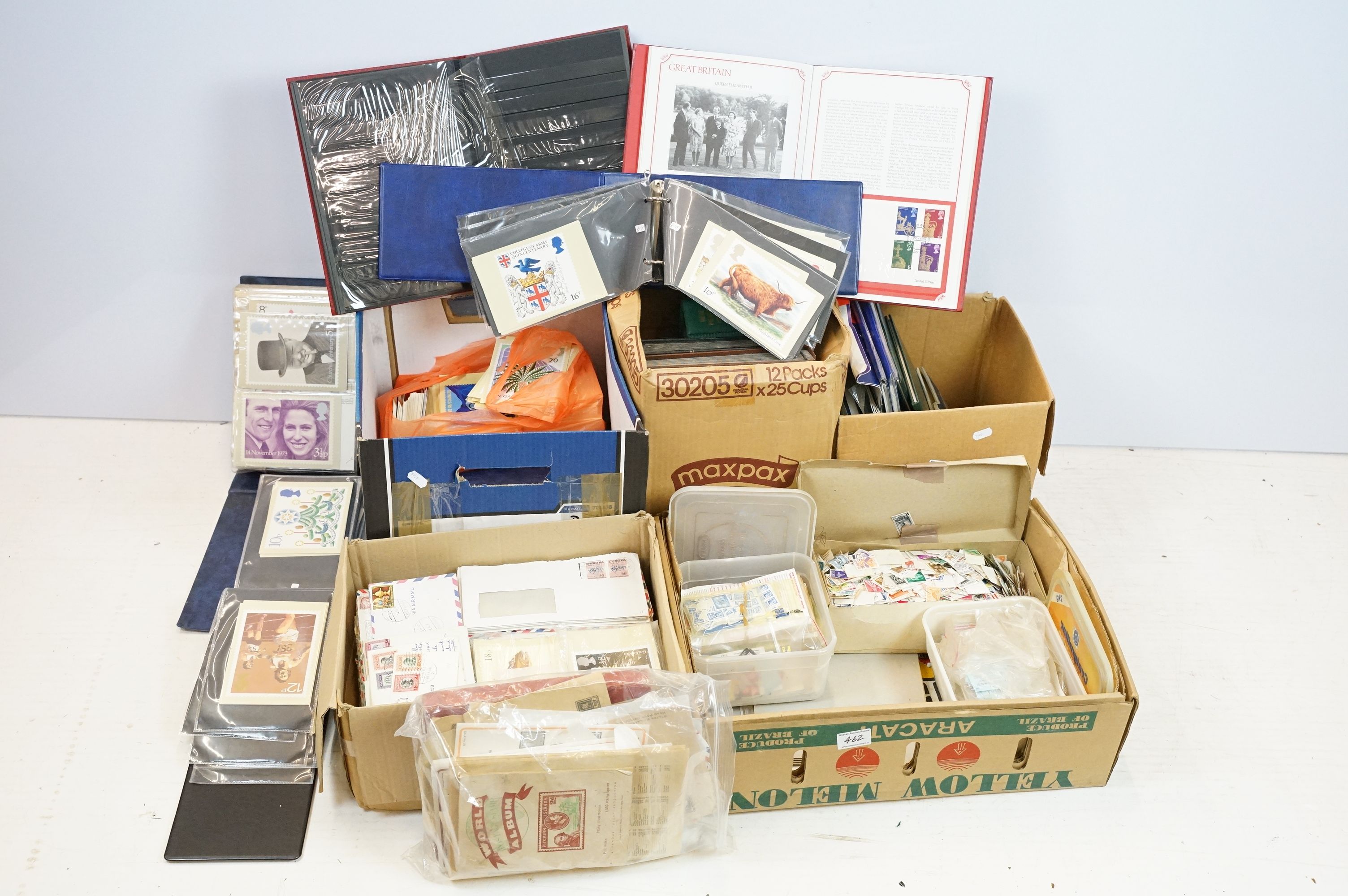 Large collection of world stamps, PHQs and stamp related books / ephemera, all housed within five