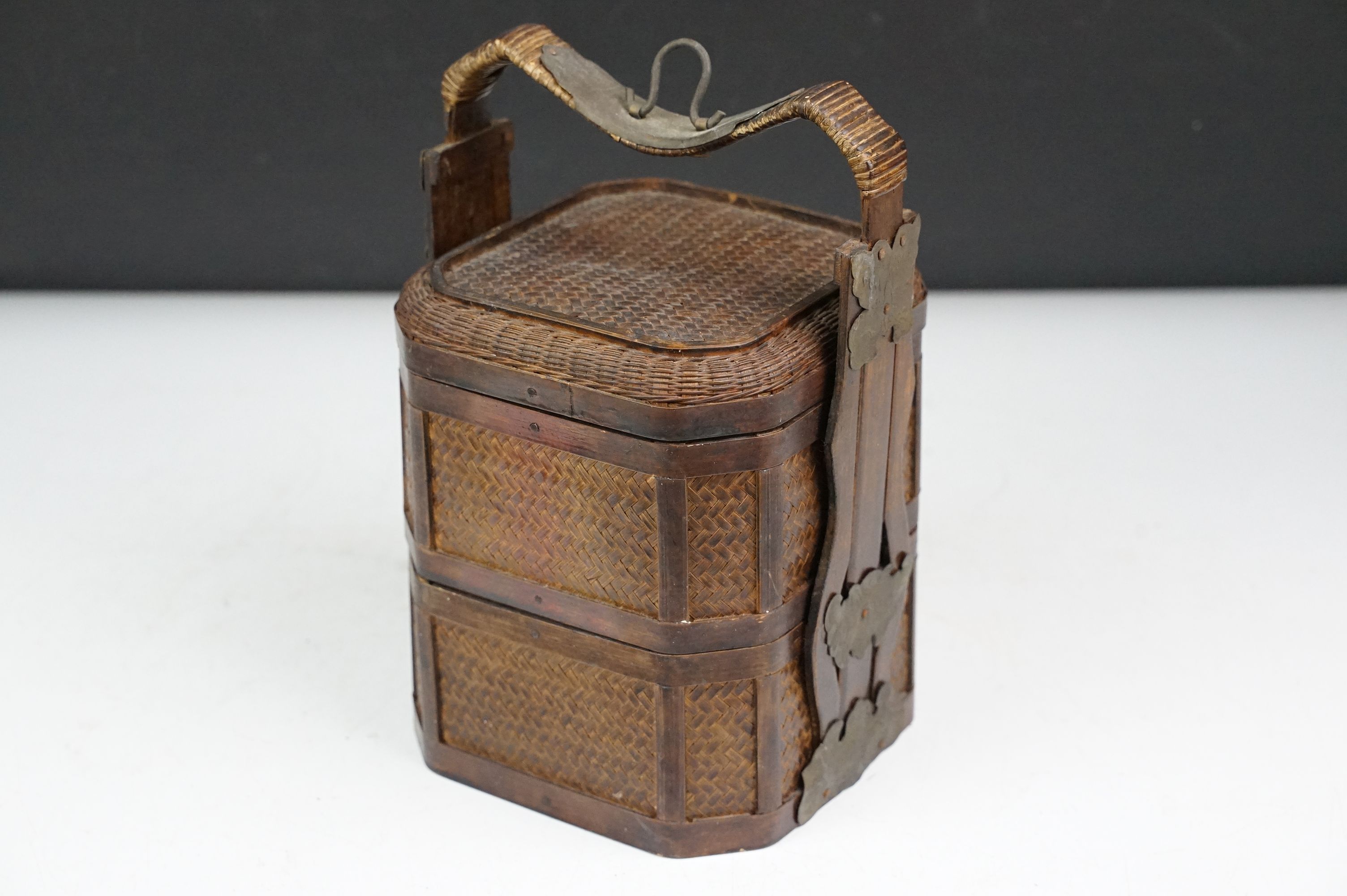 Chinese octagonal wooden box with coin decoration to lid, together with a two-tiered woven lidded - Image 7 of 11