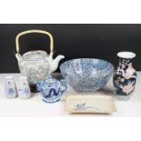 Collection of mixed Chinese ceramics including blue and white bowl on wooden stand, black ground