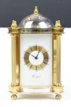20th century Woodford brass chiming mantel clock of architectural form, with gilt chapter ring and