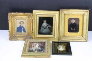 Group of five framed & glazed miniature portraits to include an oil painting of a Victorian lady