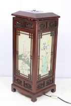 Chinese hardwood carved decorative light, with four glass panels each with painted paper scene, 72cm