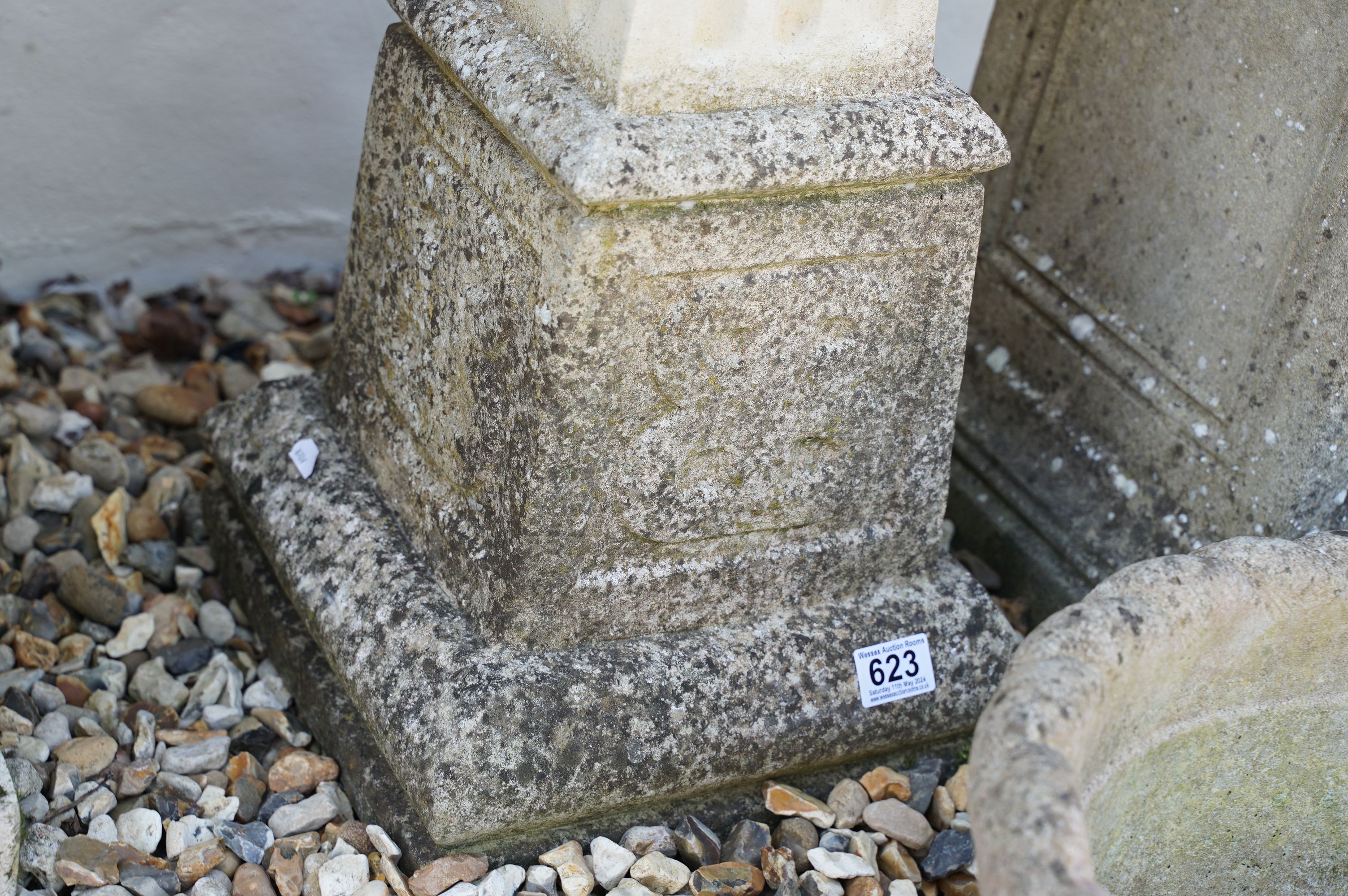 Reconstituted stone bird bath of square form, raised on a column support, measures approx 71cm high, - Image 5 of 7