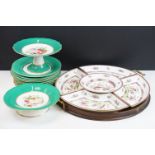 Late 19th / early 20th century porcelain green glazed dessert set with hand painted floral