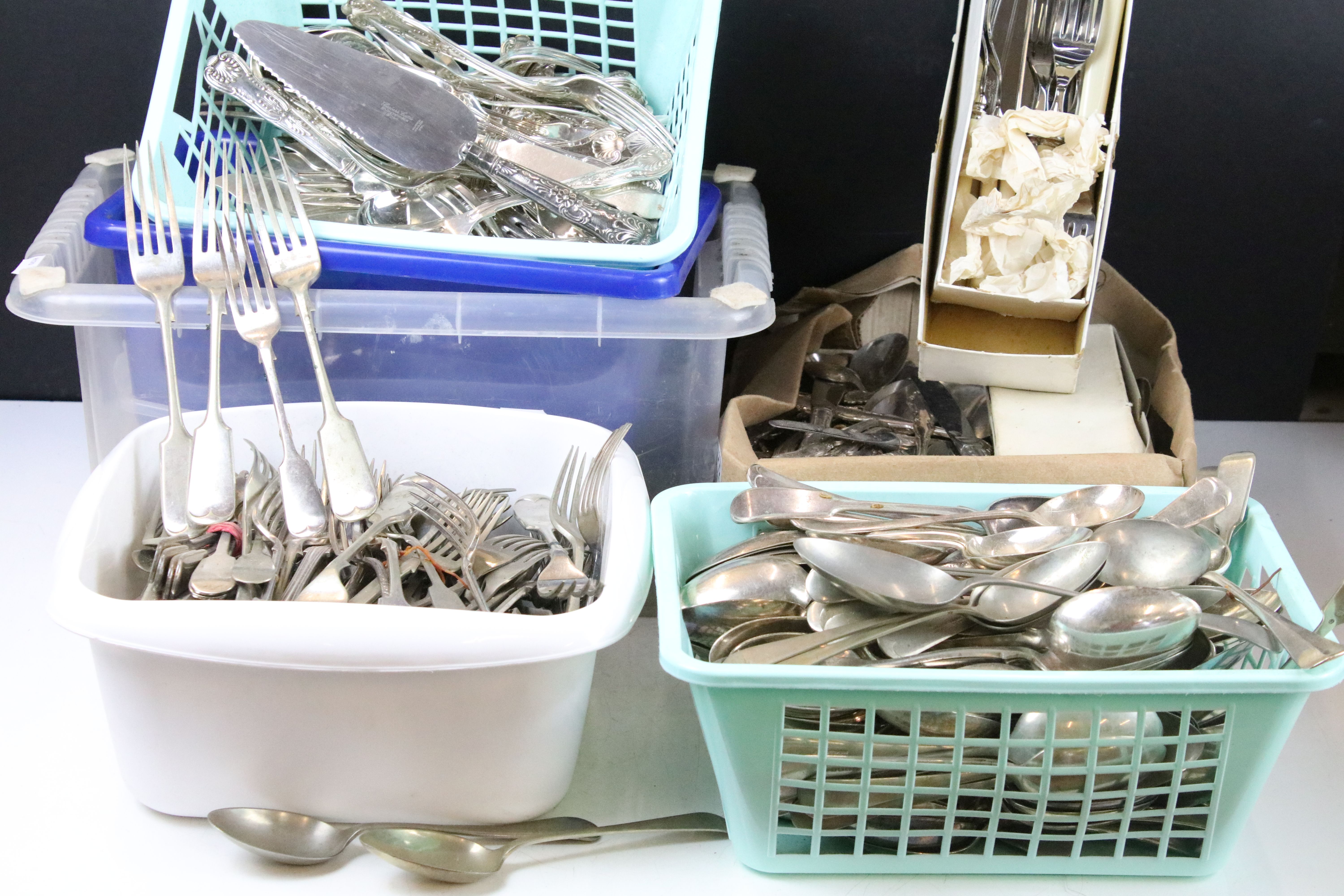 Extensive collection of silver plated flatware housed within six boxes, featuring old English