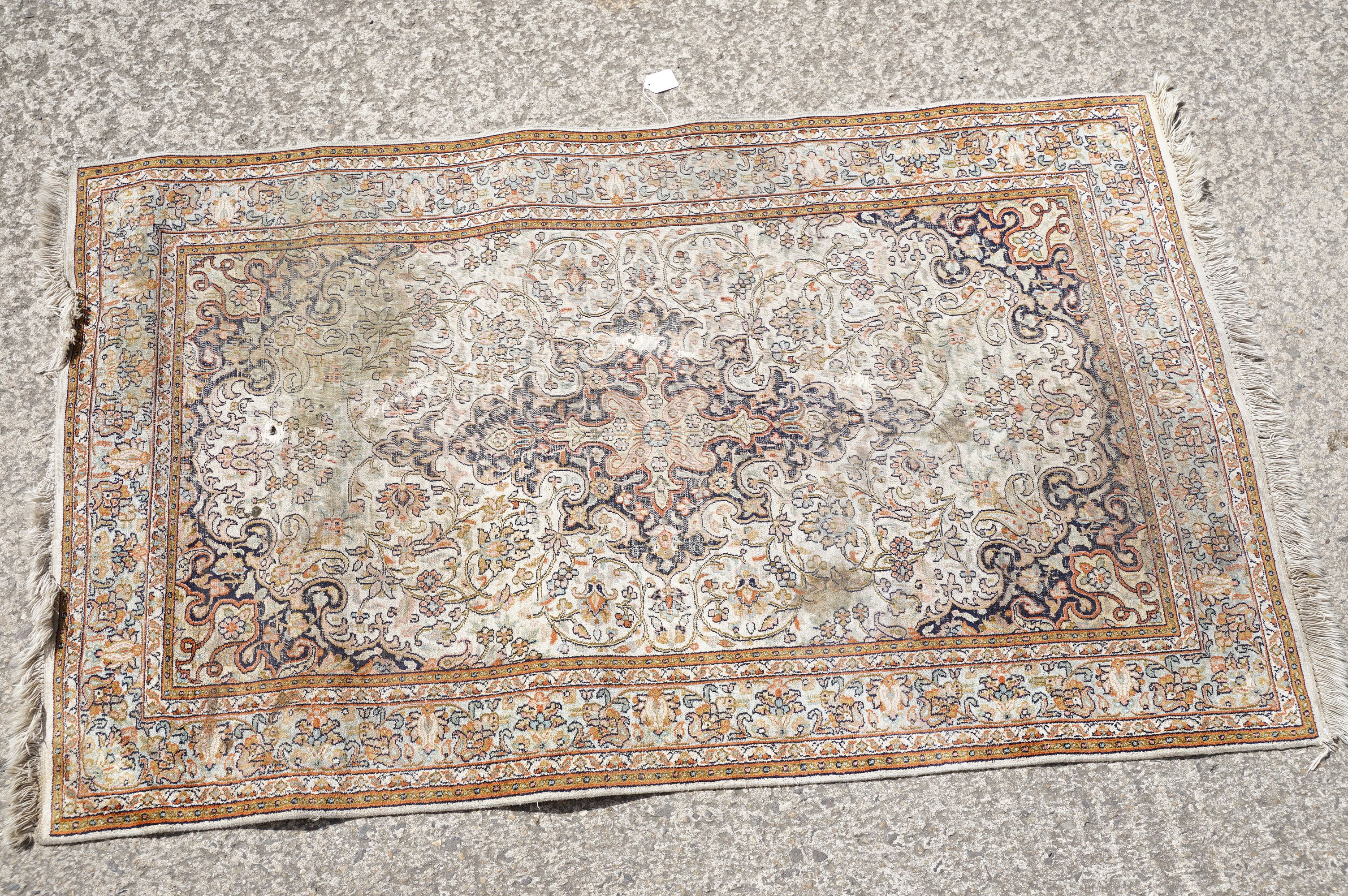 Middle Eastern cream ground carpet, with central stylised motif within geometric borders, 160 x 92cm - Image 2 of 14