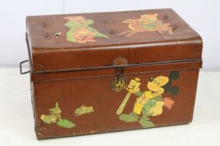 Metal trunk decorated with Mickey Mouse, cars etc, 42cm high x 70.5cm wide x 42.5cm deep