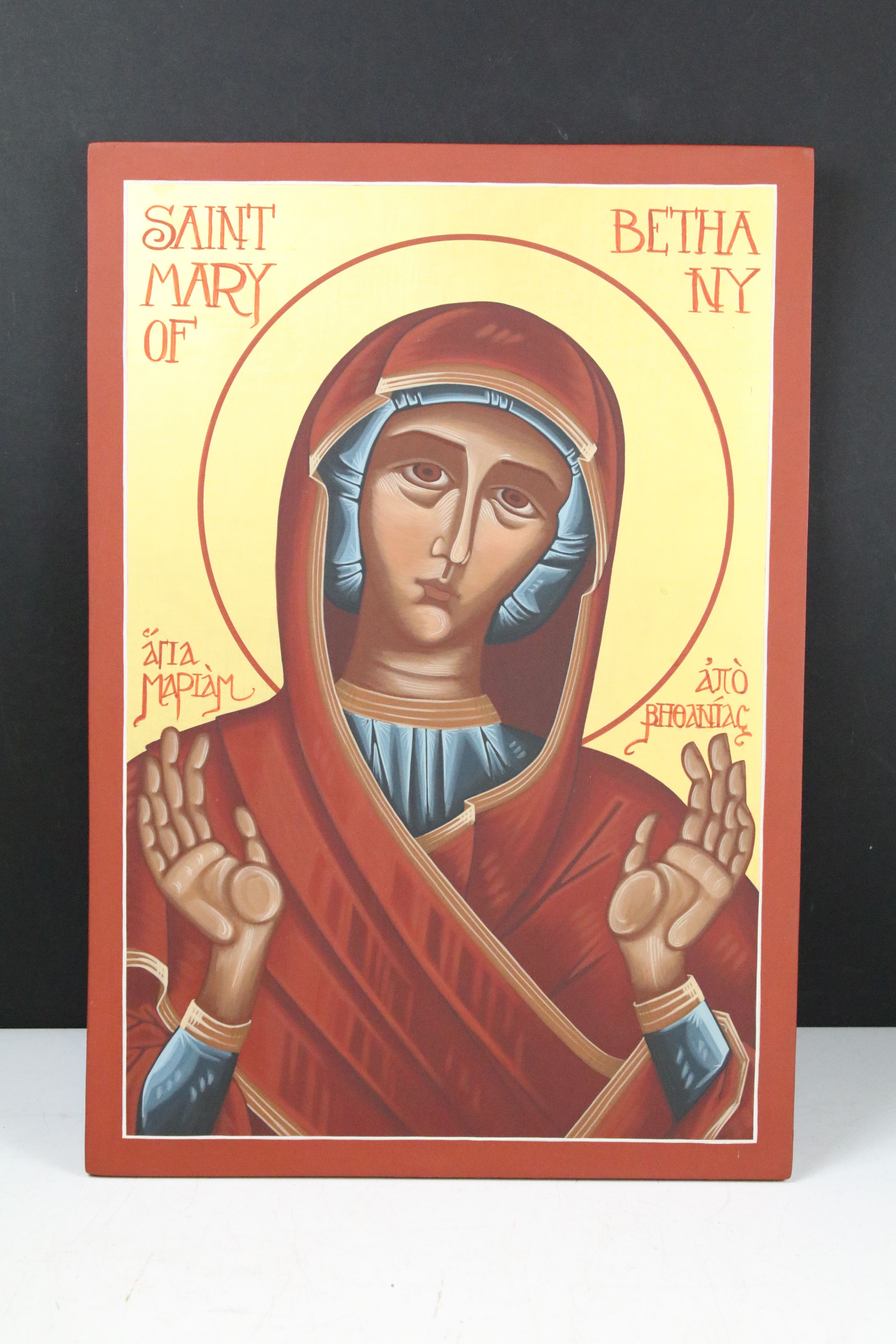 Two painted wooden religious icons to include Saint Patrick & Saint Mary of Bethany (on gilt ground, - Image 5 of 7