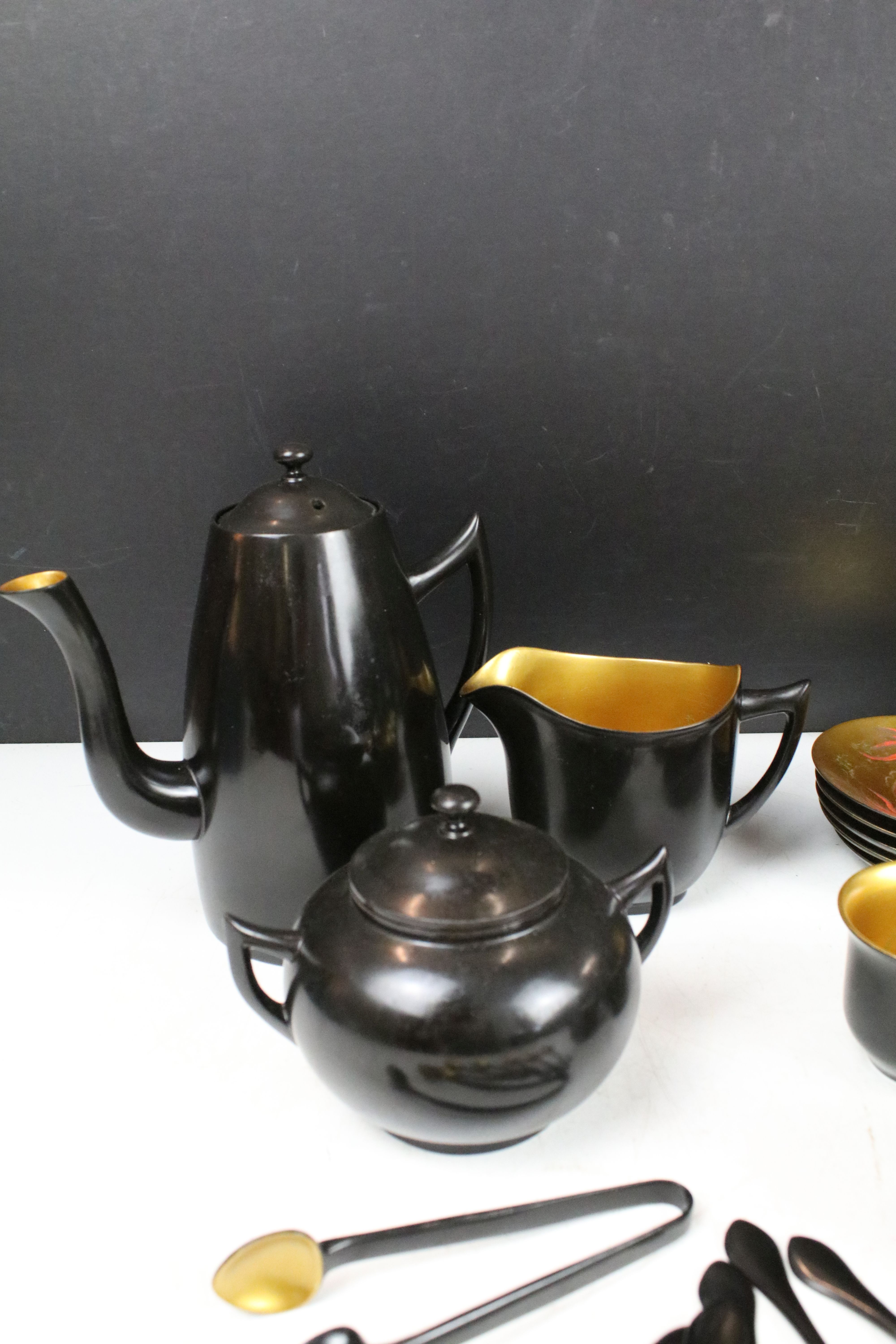 Chinese ' Shin Shao An Loong Kee ' Black Lacquer Coffee Set, all pieces with gilt interiors - Image 6 of 6