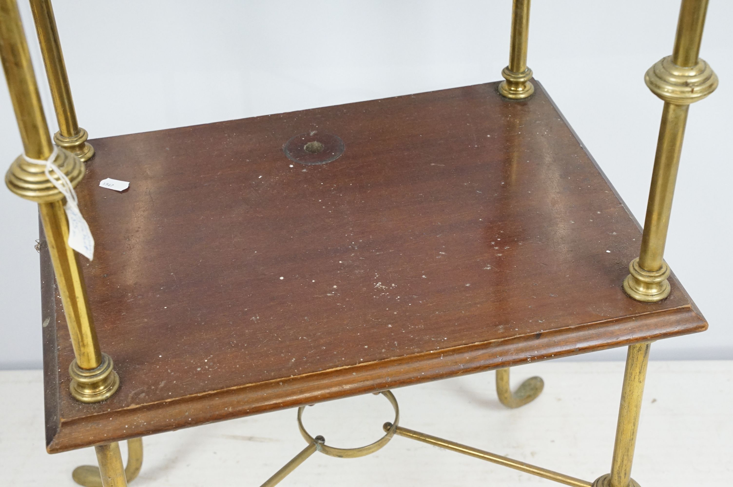 Mahogany two tier table with brass supports and x-stretcher, 80cm high x 45cm wide x 36cm deep - Image 3 of 6