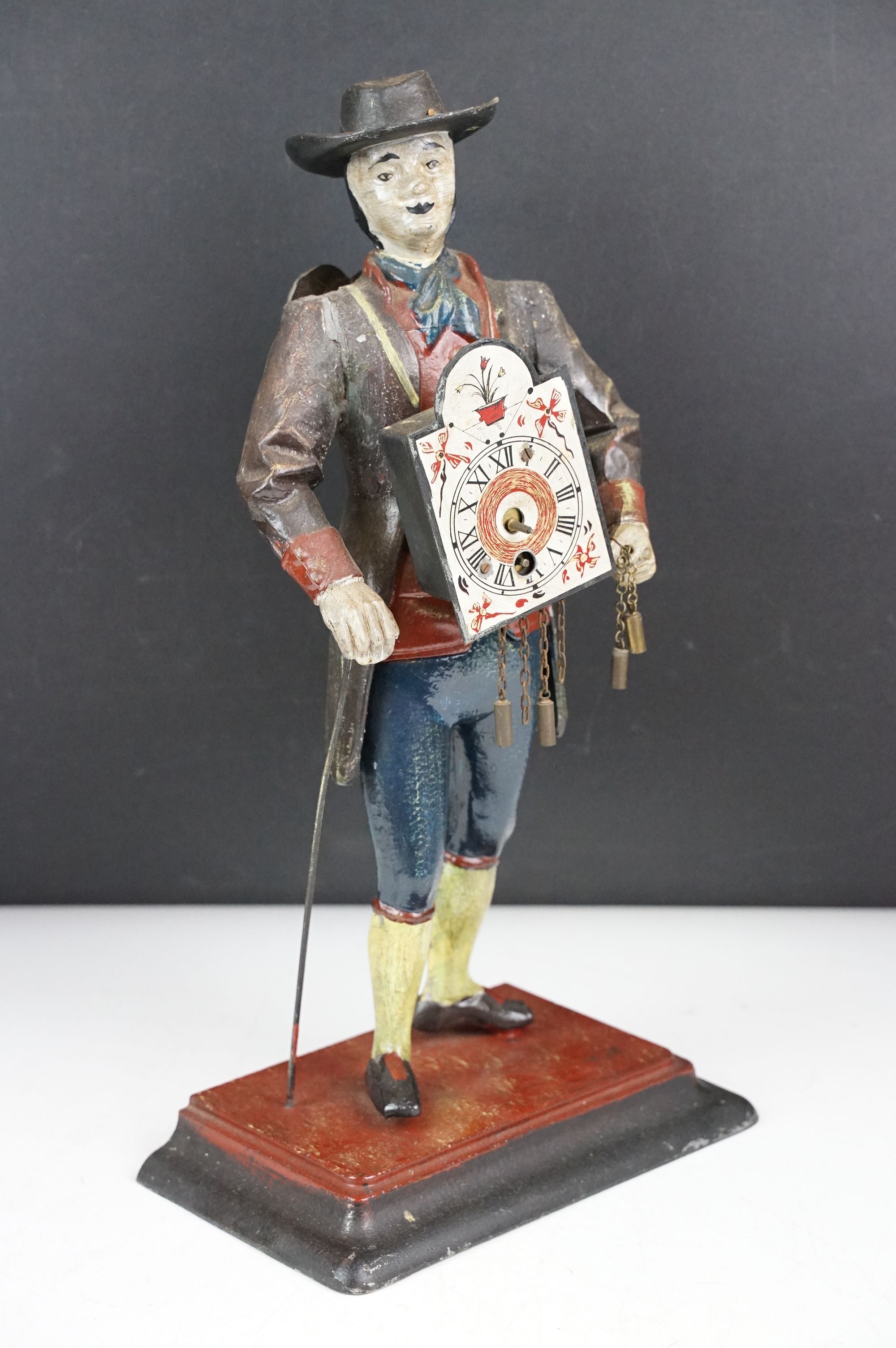 Dutch painted cast metal novelty clock in the form of a clock peddler, approx 38cm high - Image 2 of 10